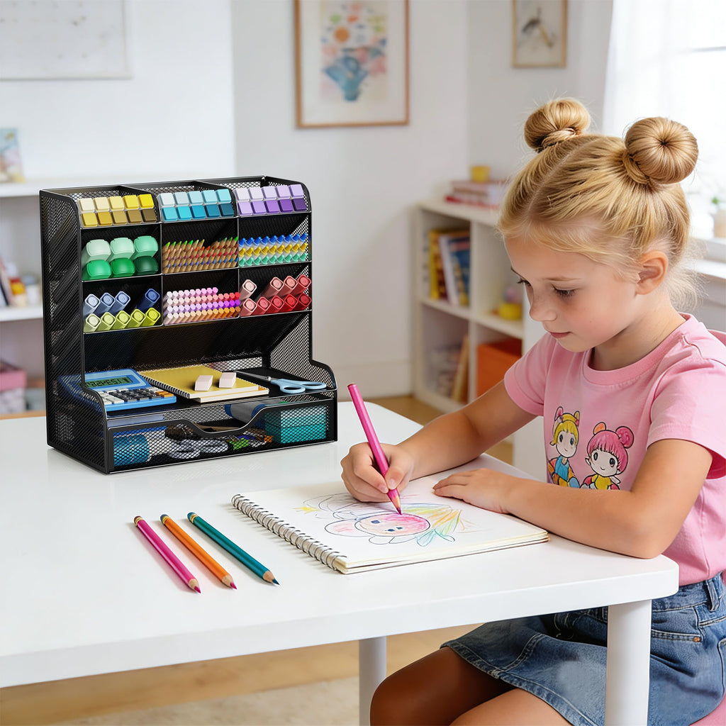 Auvo APH02 Multi-Functional Pen Pencil Holder, Desk Organizer with Drawer, Office & Art Supplies Storage，Large Size (Black)