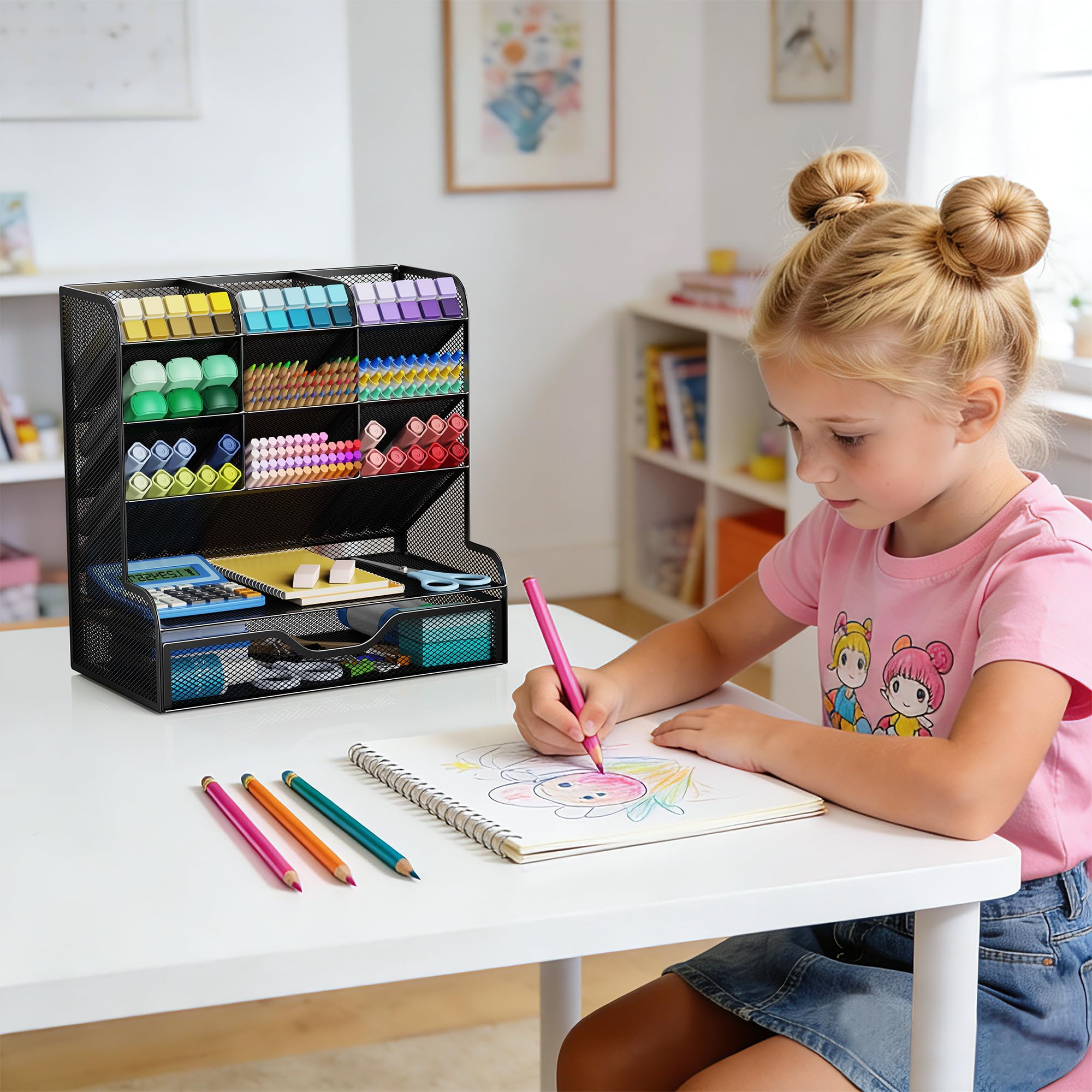 Auvo APH02 Multi-Functional Pen Pencil Holder, Desk Organizer with Drawer, Office & Art Supplies Storage，Large Size (Black)