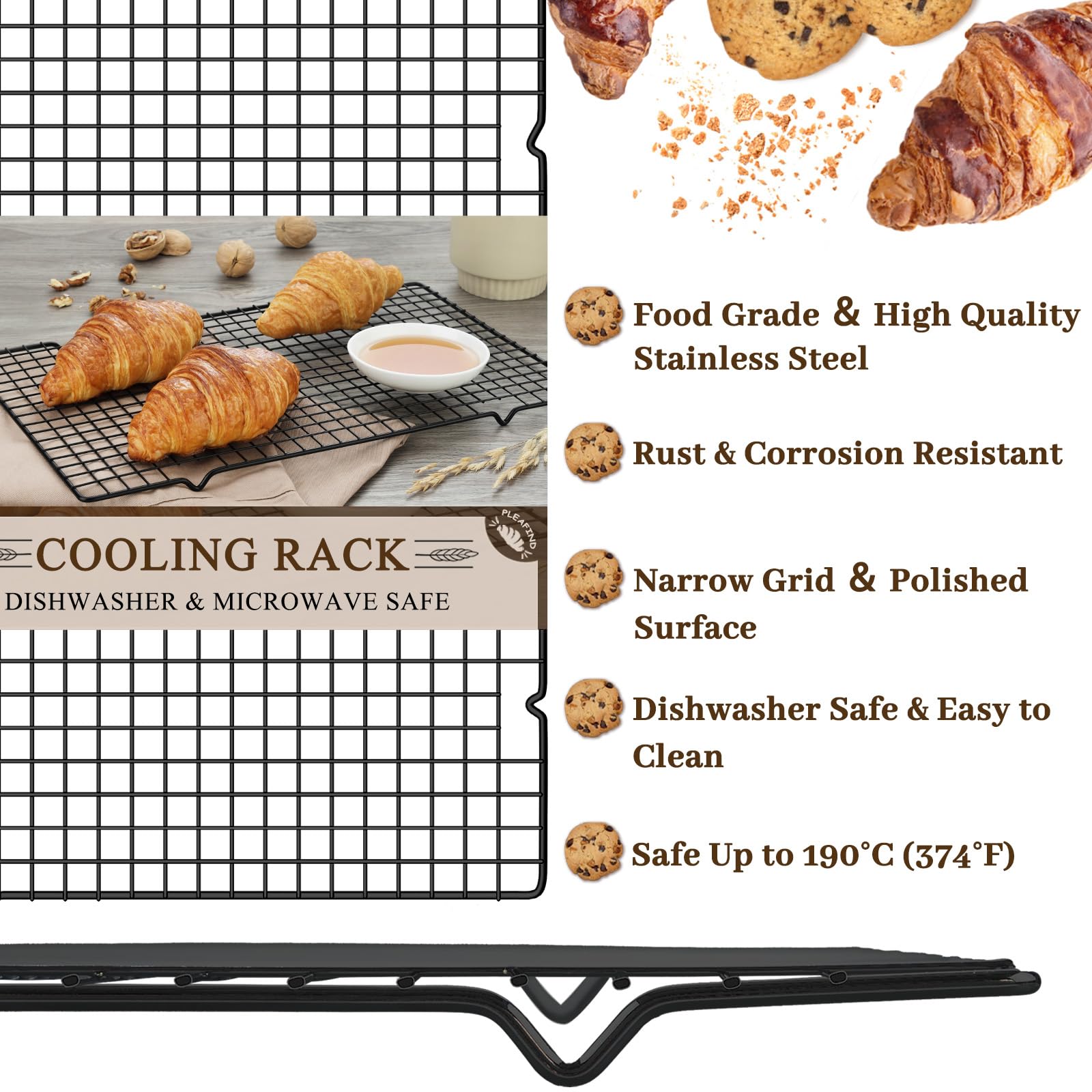 Pleafind Black Cooling Rack Set of 3 Pieces, 15.83 x 9.8 Inches Heavy Duty Wire Rack with Stainless Steal, Cooling Rack for Baking, Roasting, Grilling, Oven and Dishwasher Safe