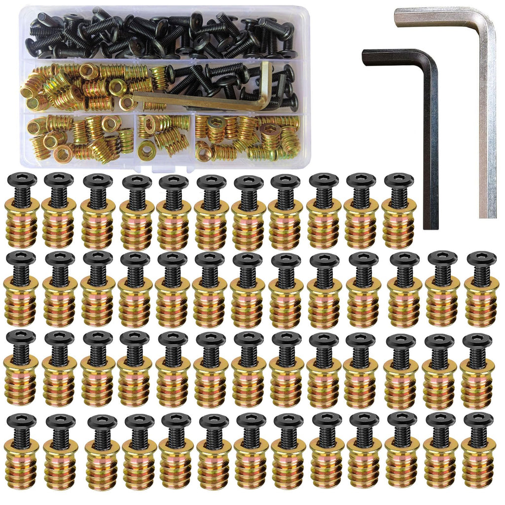 YELINTIAN 50 Pieces M6 x 15mm Threaded Inserts Nuts Zinc and 50 Pieces M6 x 20mm Flat Head Socket Head Screws Countersunk Bolts for Furniture Chair Table Desk Crib Bed, Fully Threaded