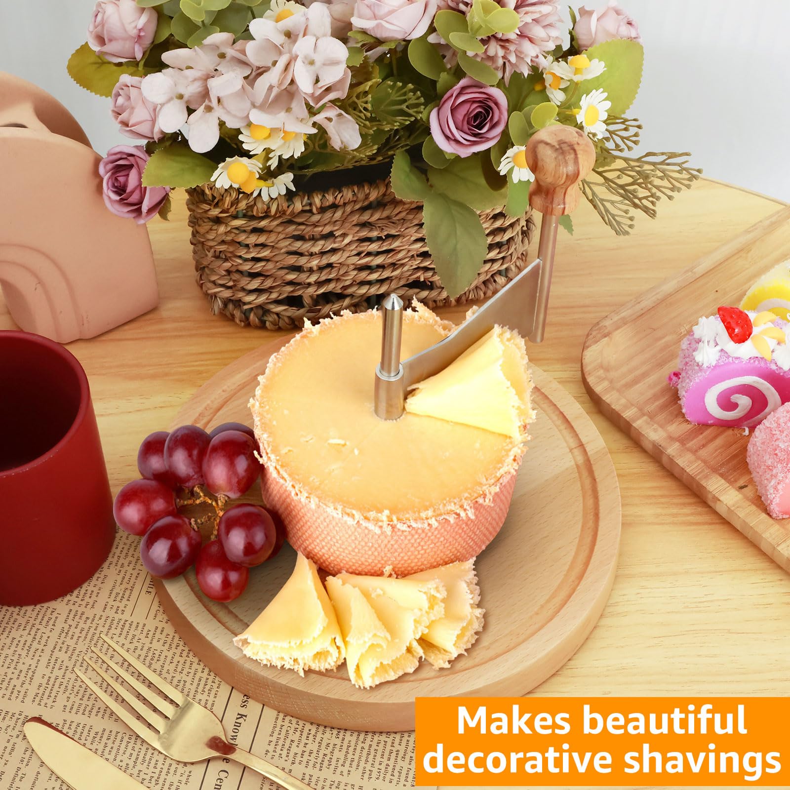 HIERTAOP Cheese Curler, Stainless Steel Shaver, Wooden Cheese Slicer Board, Rust-Proof Multifunctional Chocolate Flower Shaver, Perfect for Cheese Wheel or Chocolate 8.7×5.6 Inch