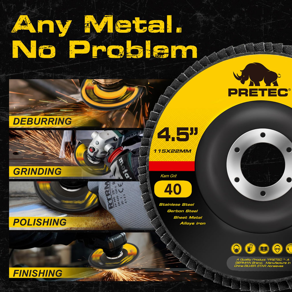 PRETEC Flap Discs 4 1/2 for Angle Grinder, 12 Pcs Flap Discs 40 Grit, 4.5" x 7/8" High Density Zirconia Type 27 Flap Sanding Disc for Grinding, Rust Removal, Sanding and Finishing - 12 Packs