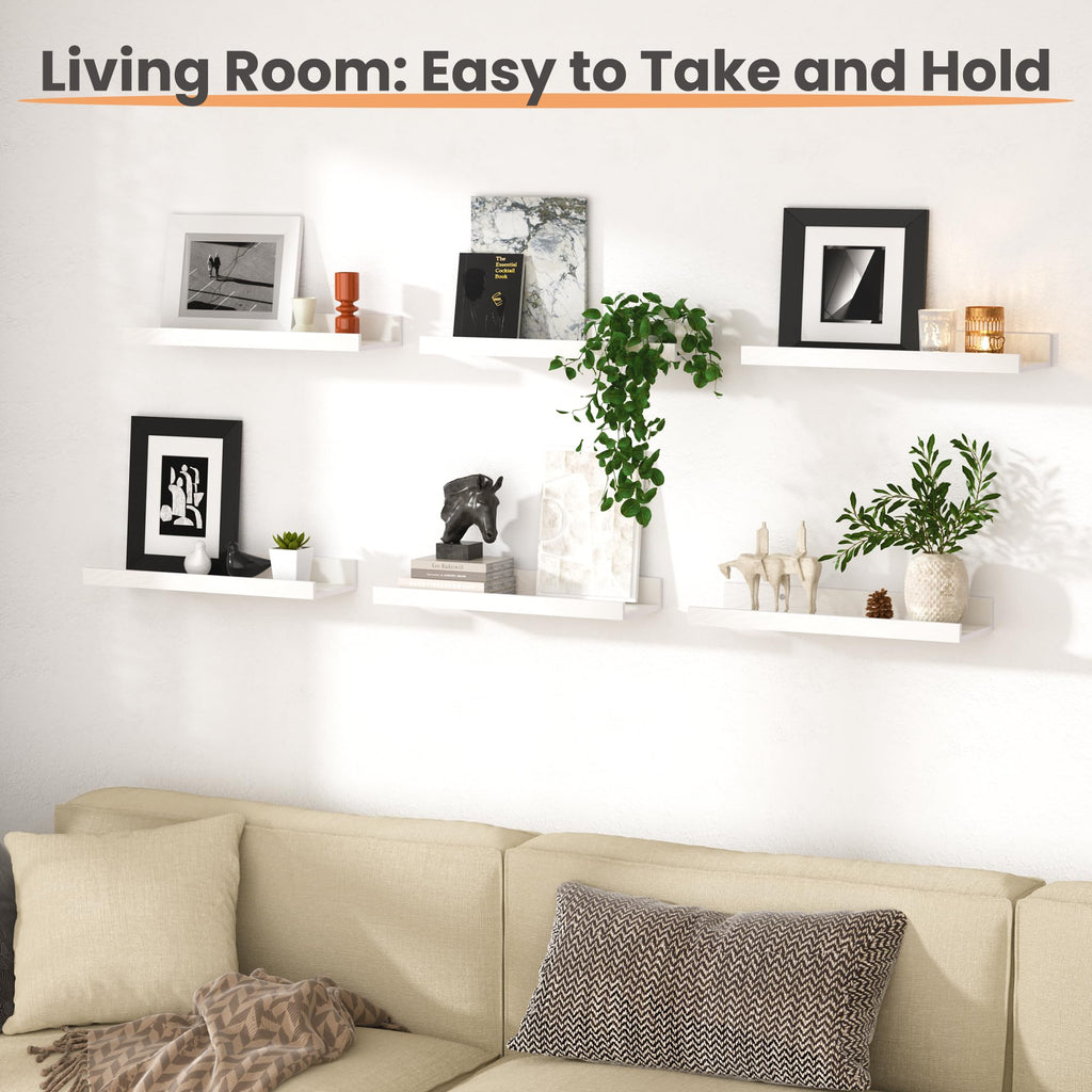 upsimples Floating Shelves for Wall, Decor Storage Set of 6, Wall Mounted Wood Shelves for Bedroom, Living Room, Bathroom, Kitchen, Picture Ledge Shelves, White