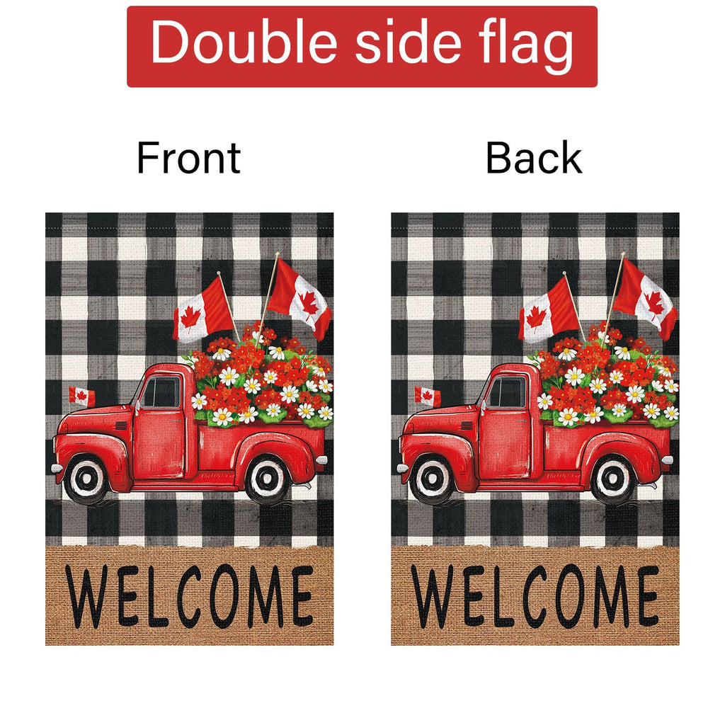 Louise Maelys Patriotic Spring Garden Flag 28x40 Double Sided Vertical, Burlap Small Red Truck Floral Farmhouse Yard House Outside Outdoor House Canadian Flag Day Decoration (ONLY FLAG)