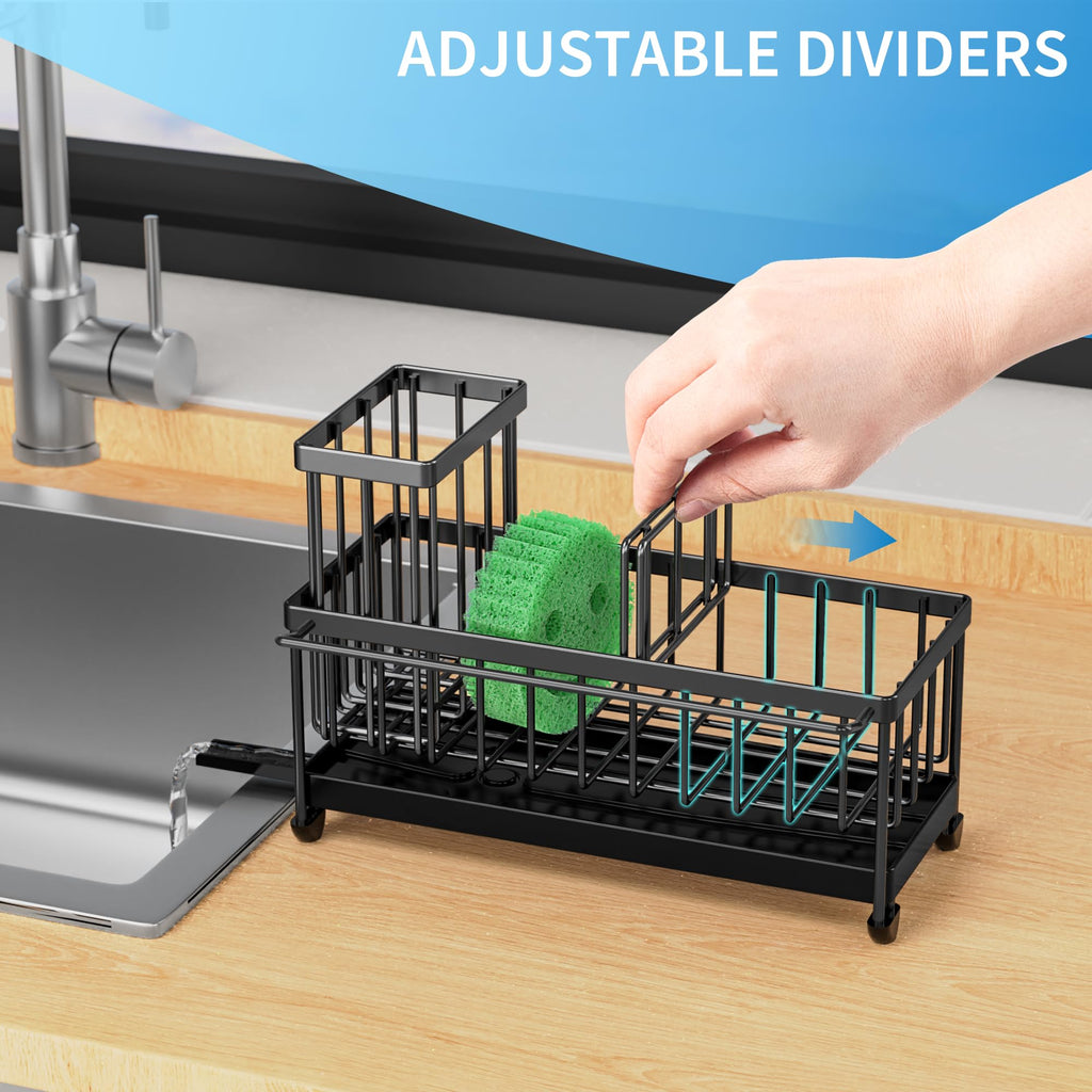 Cisily Sponge Holder for Kitchen Sink, Sink Caddy with High Brush Holder, Organzier Rustproof 304 Stainless Steel Dish Organizer Divider, Soap Dispenser Storage (Black with Towel Rack)