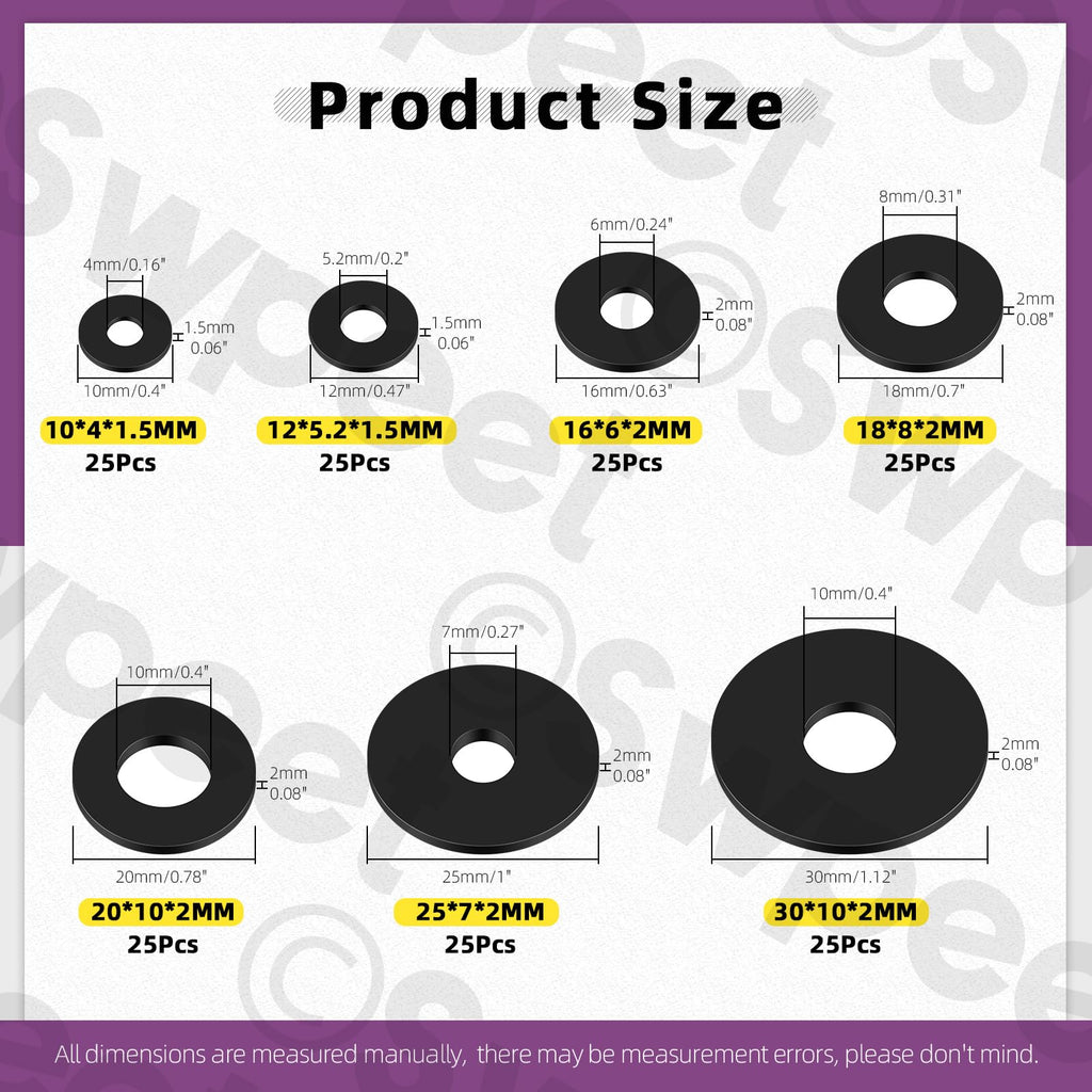 Swpeet 175Pcs 7 Sizes Flat Rubber Washers Assortment Kit, 10/12/16/18/20/25/30mm Heavy Duty Black Rubber Grommet Vibration Damping Pads, Rubber Bushing Gasket Kit for Appliances Faucets Screws Bolts