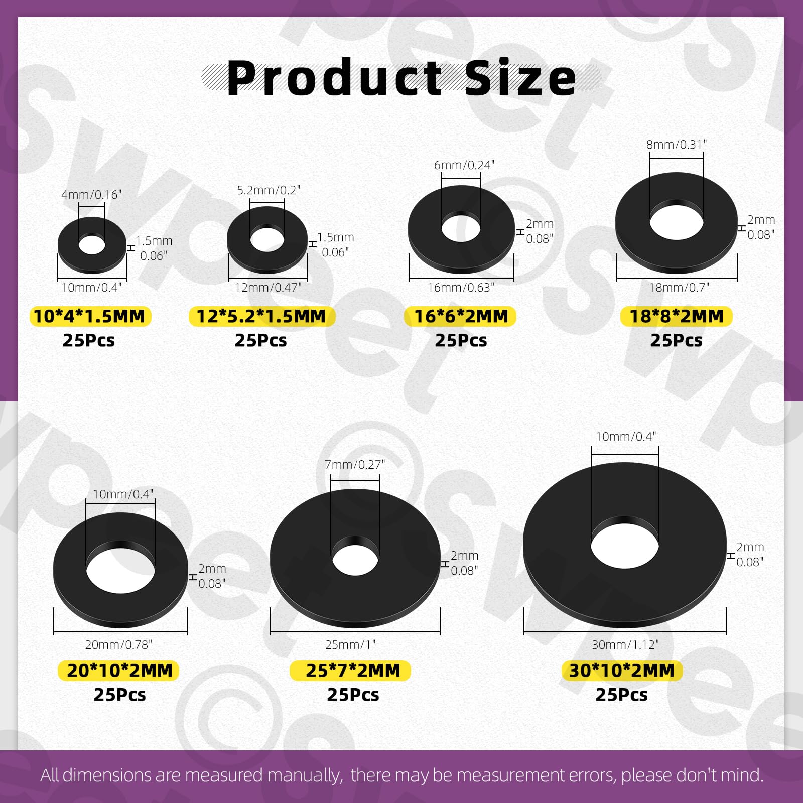 Swpeet 175Pcs 7 Sizes Flat Rubber Washers Assortment Kit, 10/12/16/18/20/25/30mm Heavy Duty Black Rubber Grommet Vibration Damping Pads, Rubber Bushing Gasket Kit for Appliances Faucets Screws Bolts