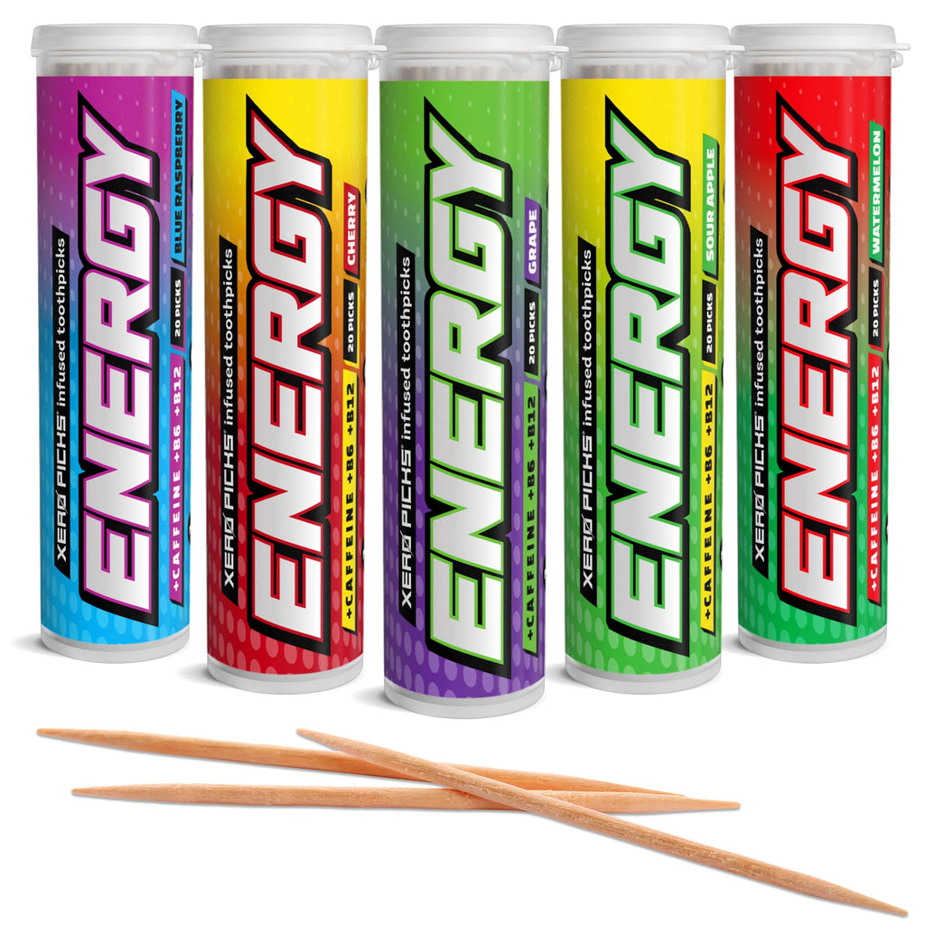Xero Picks ENERGY Infused Flavored Toothpicks with Caffeine, B12, and B6 (Variety, 5 Pack)