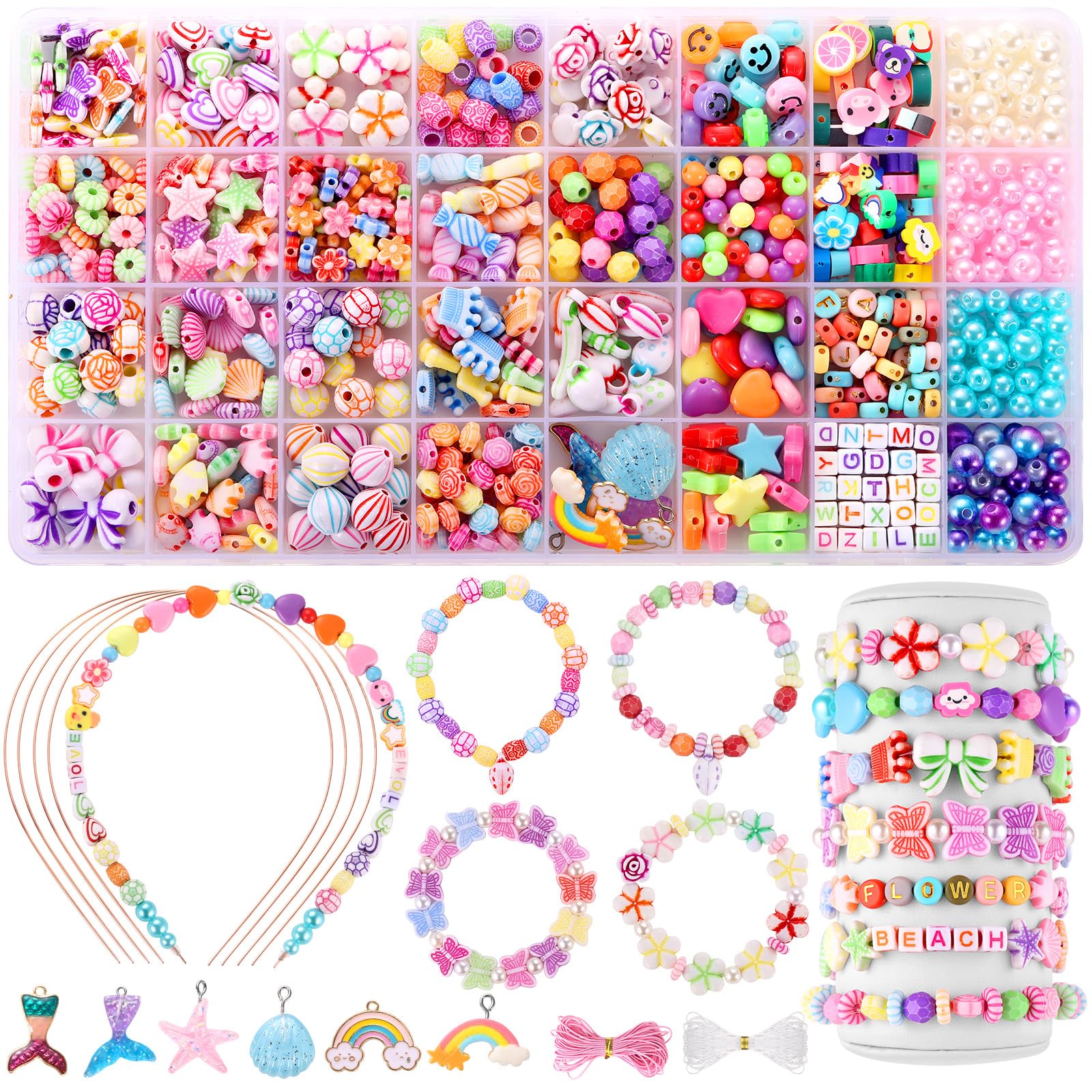 Funtopia Bracelet Making Kit for Girls, 780 Pcs 32 Types Beads for Bracelets Necklaces Headbands Making, Jewelry Making Kits with Clay Charms, Letter Bead and Pearl Bead, DIY Art Crafts Gifts for Birthday, Party, Holiday