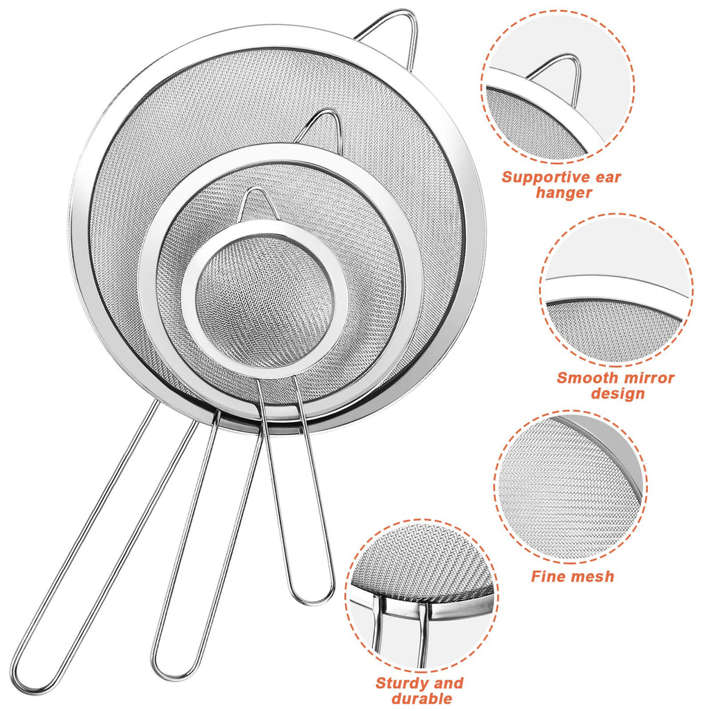 YLYL 3 Pcs Super Wire Extra Fine Mesh Strainer with Handle, Small Medium Large Size Sifter Metal Strainer Set, Stainless Steel Sieve Fine Mesh Strainers for Kitchen Rice Juice Quinoa Food Flour Baking