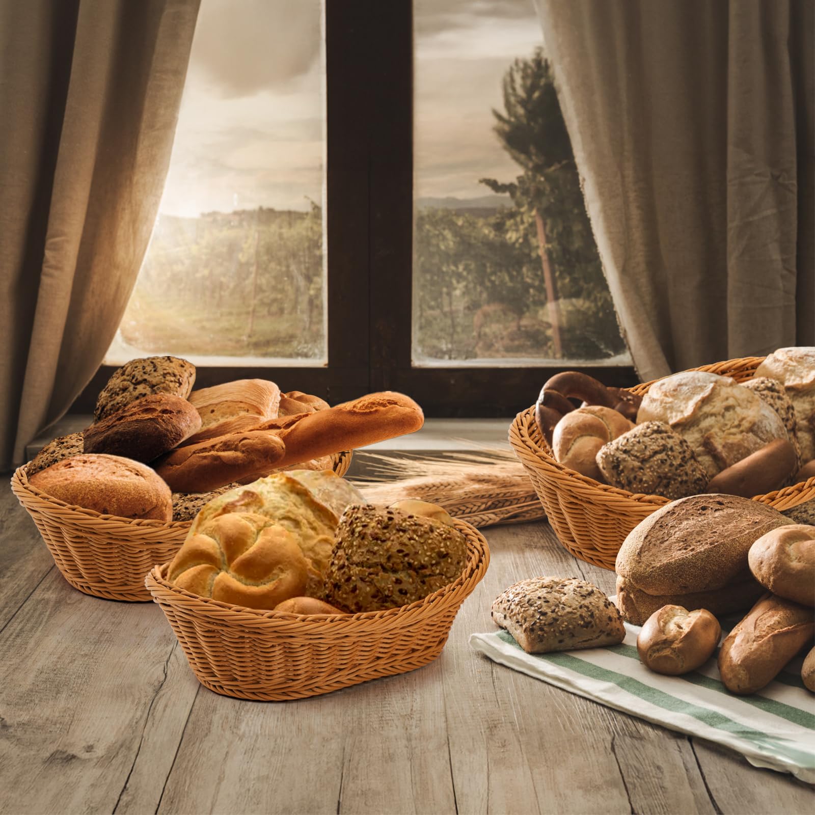 Yarlung 3 Pack Woven Breads Baskets, Oval Small Fruit Baskets Stackable Plastic Wicker Baskets for Serving Vegetables, Kitchen, Restaurant, Outdoor, Imitation Rattan Brown, 3 Sizes