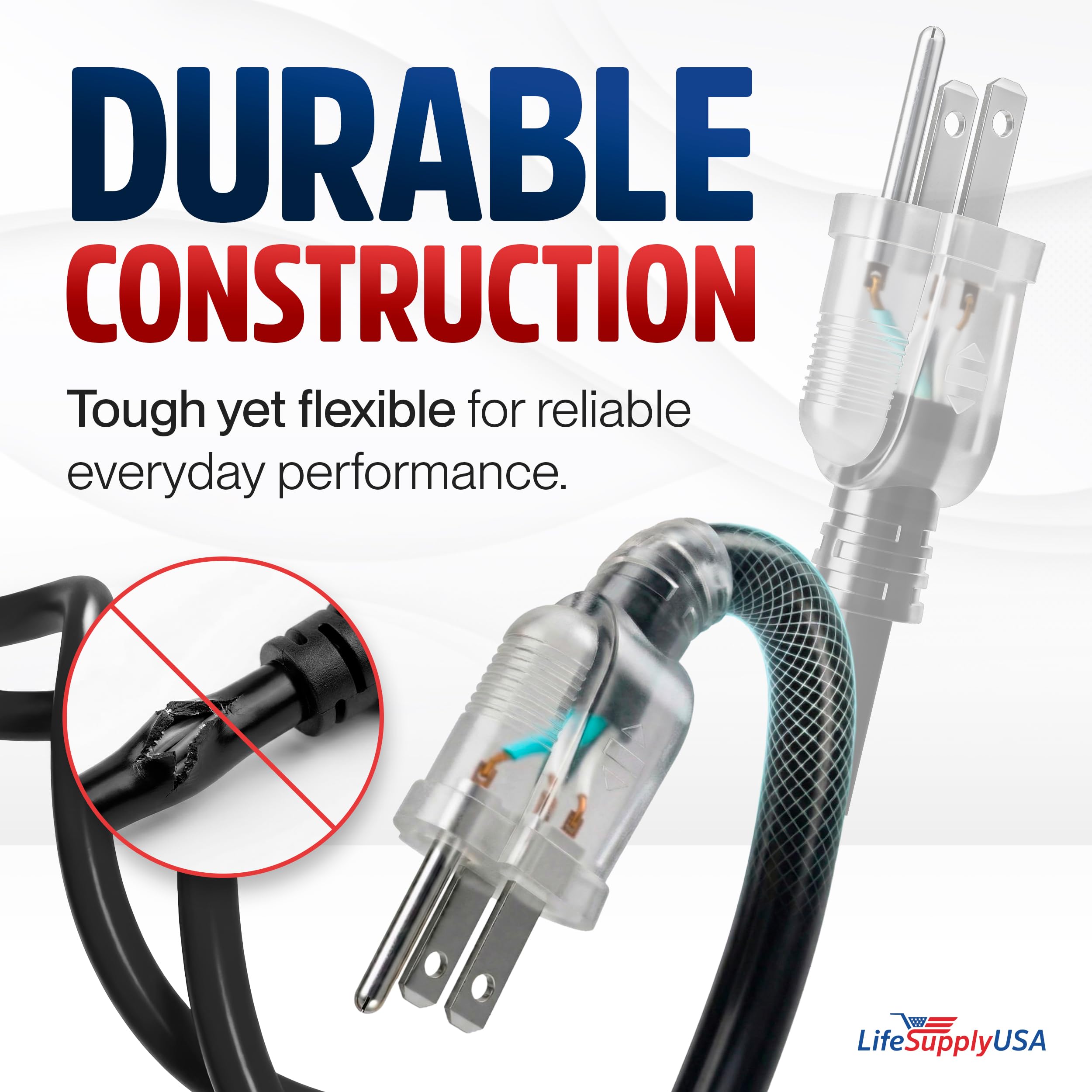 10ft Outdoor/Indoor Extension Cord 12/3 Gauge Extra Heavy Duty 3 Prong SJTW, Waterproof, Flexible Cold-Resistant Long Power Cord,15A 125V 1875W, Black by LifeSupplyUSA