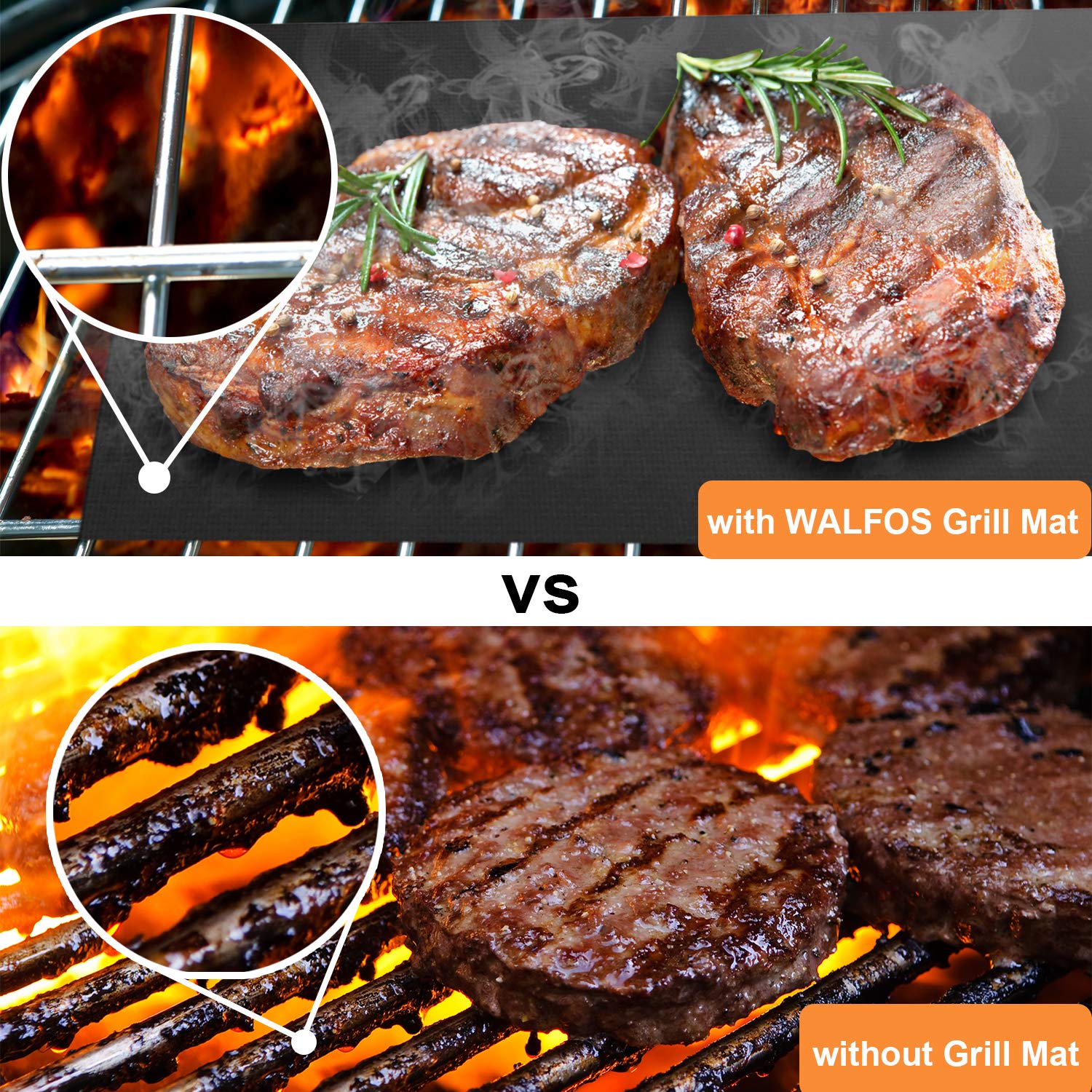 WALFOS BBQ Reusable Grill Mat Set of (7+1) - Non-Stick Coating Grilling Mats, Heat Resistant Cooking Mat, Works on Electric Grill Gas Charcoal BBQ, Perfect for Grilling Meat, Veggies, Seafood