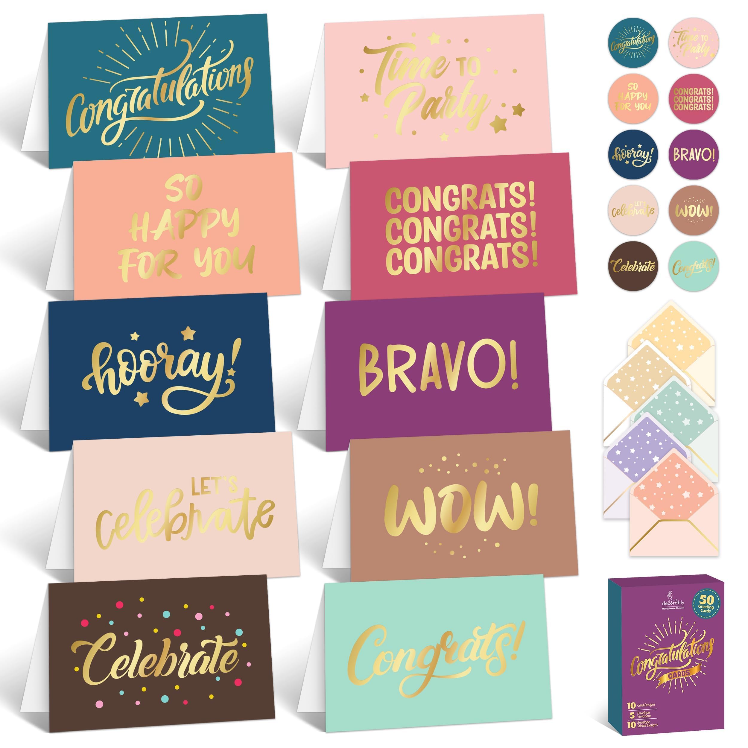 Decorably 50 Pack Gold-Foiled 6x4in Congratulations Greeting Cards with Envelopes and Stickers, 10 Elegant Designs Pack of Congrats Cards, Blank Inside - Graduation, Engagement, Wedding