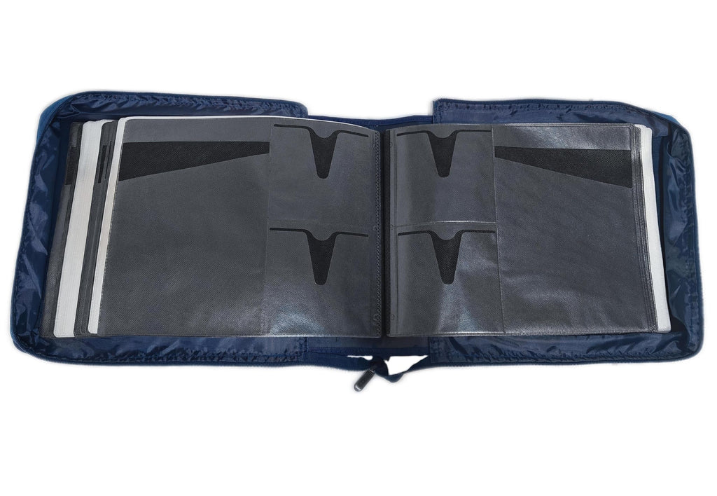 DVD CD Storage Case with Extra Wide Title Cover Pages for Blu Ray Movie Music Audio Media Disk (Portable Carrying Binder Holder Wallet Album Home Organizer)- Blue, 128 disk units, 64 booklet pockets
