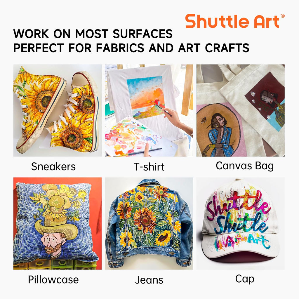 Shuttle Art Fabric Paint, 18 Colors Permanent Soft Fabric Paint in Bottles (60ml/2oz) with Brushes, Palette, Stencils, Textile Paint for T-Shirts, Shoes, Jeans, Bags, DIY Projects & Art Crafts