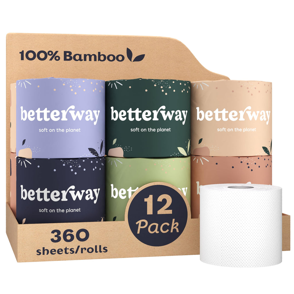 Betterway Bamboo Toilet Paper 3 PLY - Eco Friendly, Sustainable Toilet Tissue - 12 Double Rolls & 360 Sheets Per Roll - Septic Safe - Organic, Plastic Free, Compostable & Biodegradable - FSC Certified