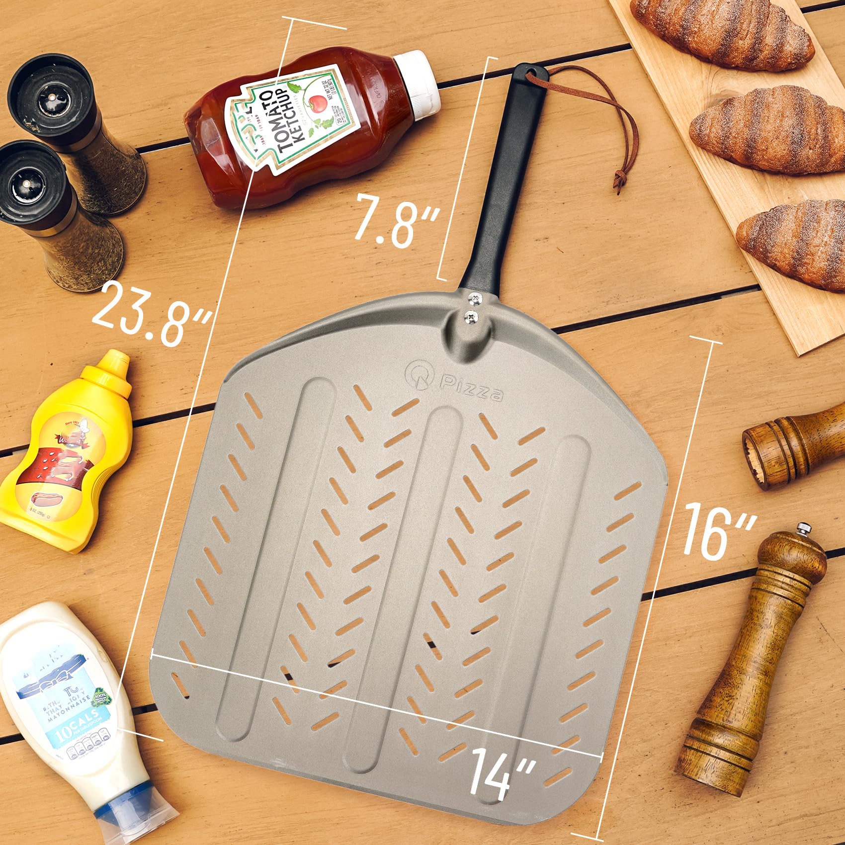 Q Pizza Aluminum Non-Stick Pizza Peel with Strap for Easy Storage, 14" Extra Large Perforated Metal Pizza Paddle for Grill Oven, Pizza Spatula for Baking Bread Pastry Pie Cake Pizza
