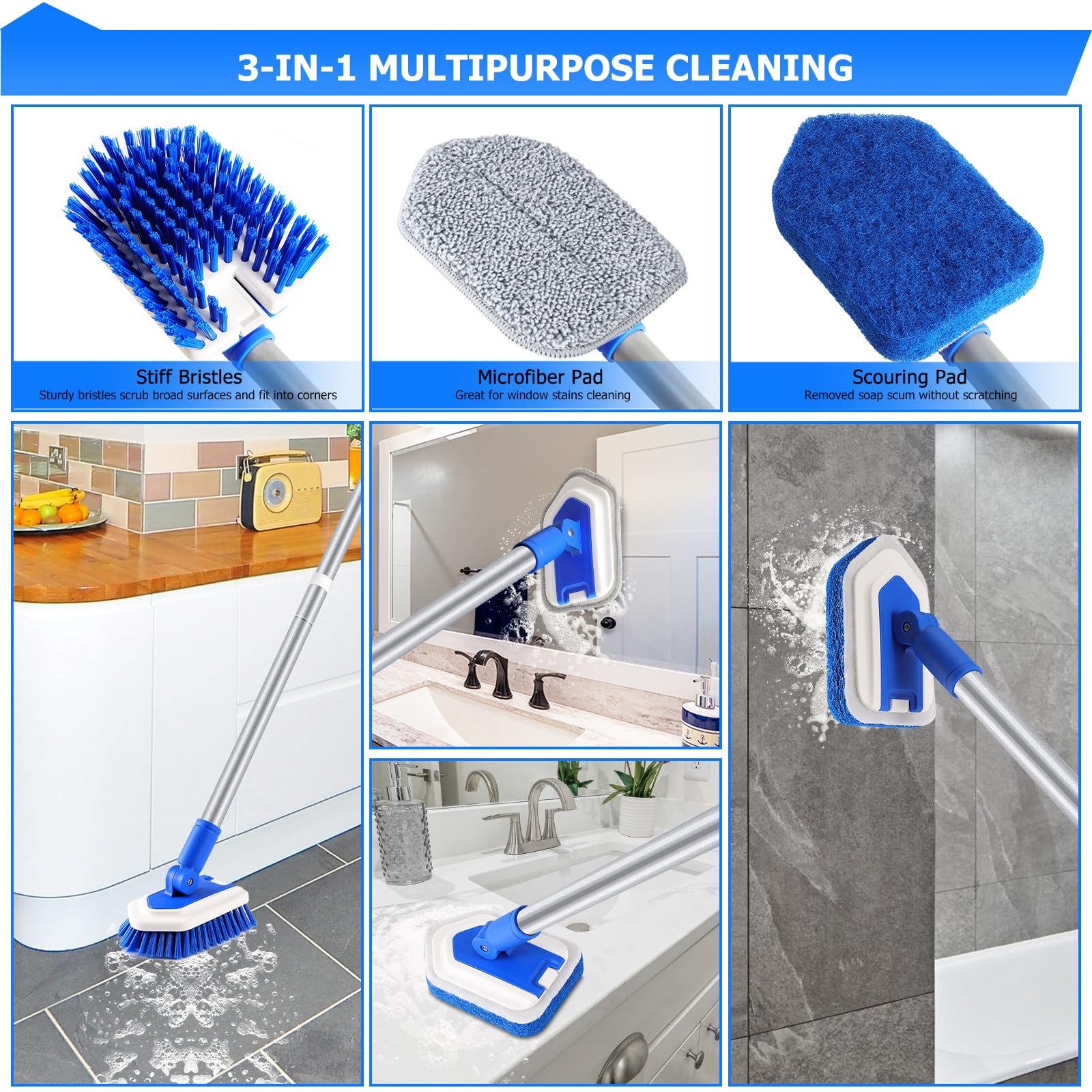Lalafancy Shower Cleaning Brush with Locking Head, 3 in 1 Tub Tile Scrubber Brush with 50'' Extendable Long Handle Stiff Bristles Scouring Pads Microfiber for Cleaning Bathtub Shower Wall Bathroom