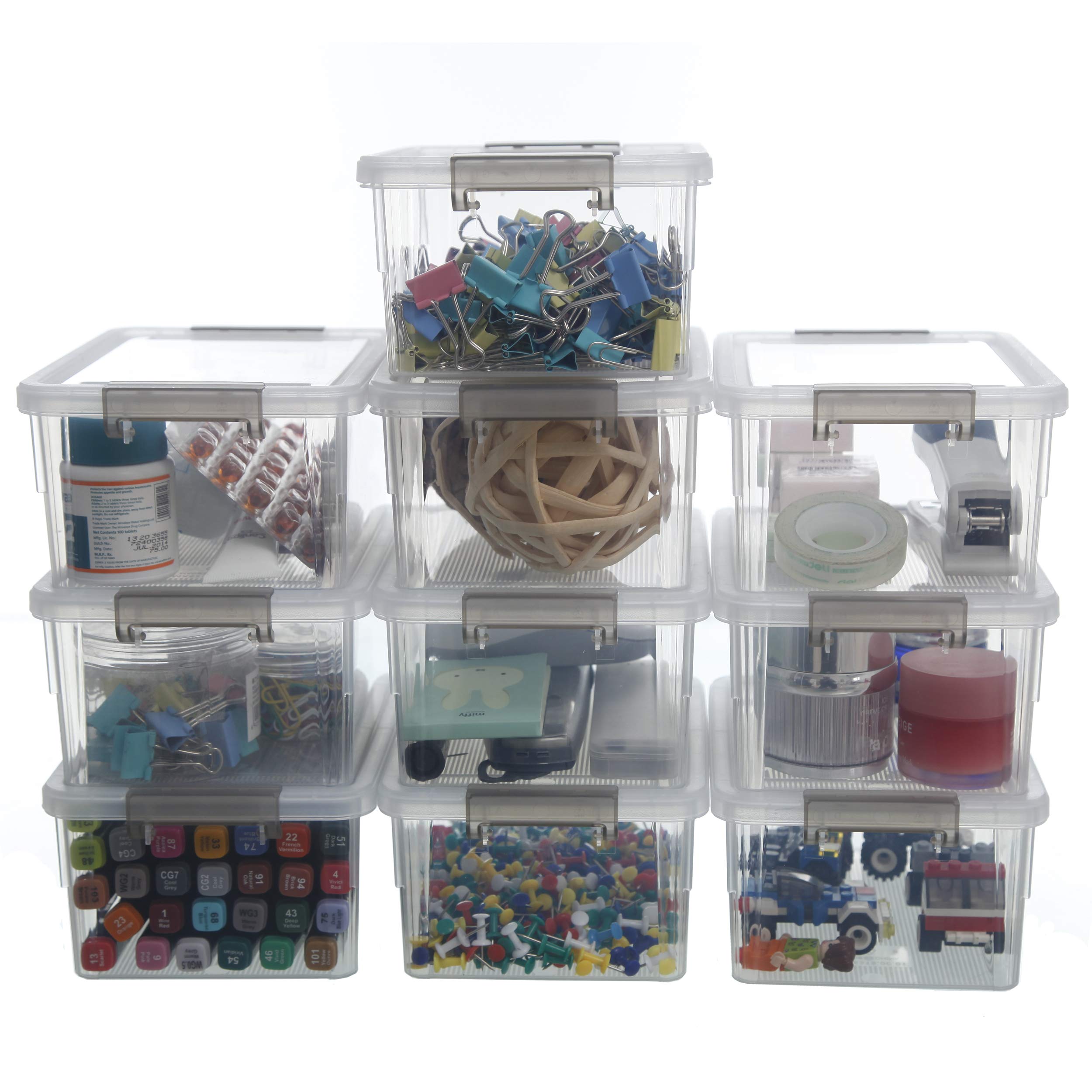 Citylife 1.3 QT 10 Pack Small Storage Bins Plastic Storage Container Stackable Box with Lids for Organizing, Clear White