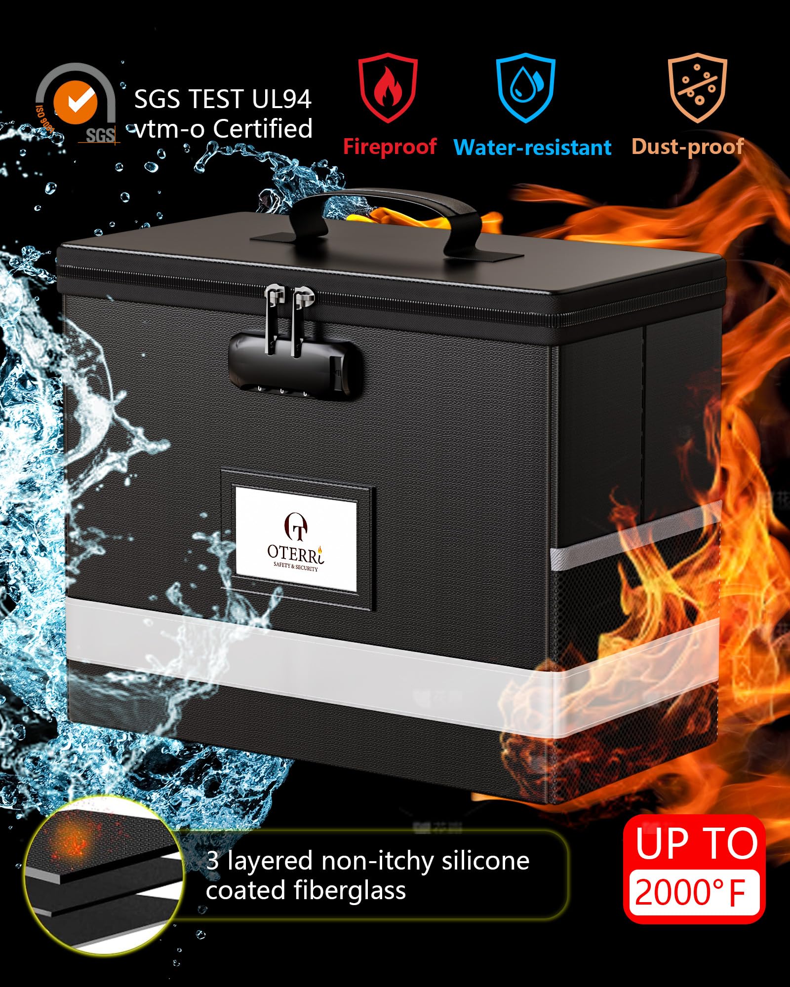 Oterri Fireproof Document Box with Lock, Letter File Box, Portable Fire Safe Box with Handle, Waterproof Important Document Organizer Storage Safe Box for Home Travel Office (Black)