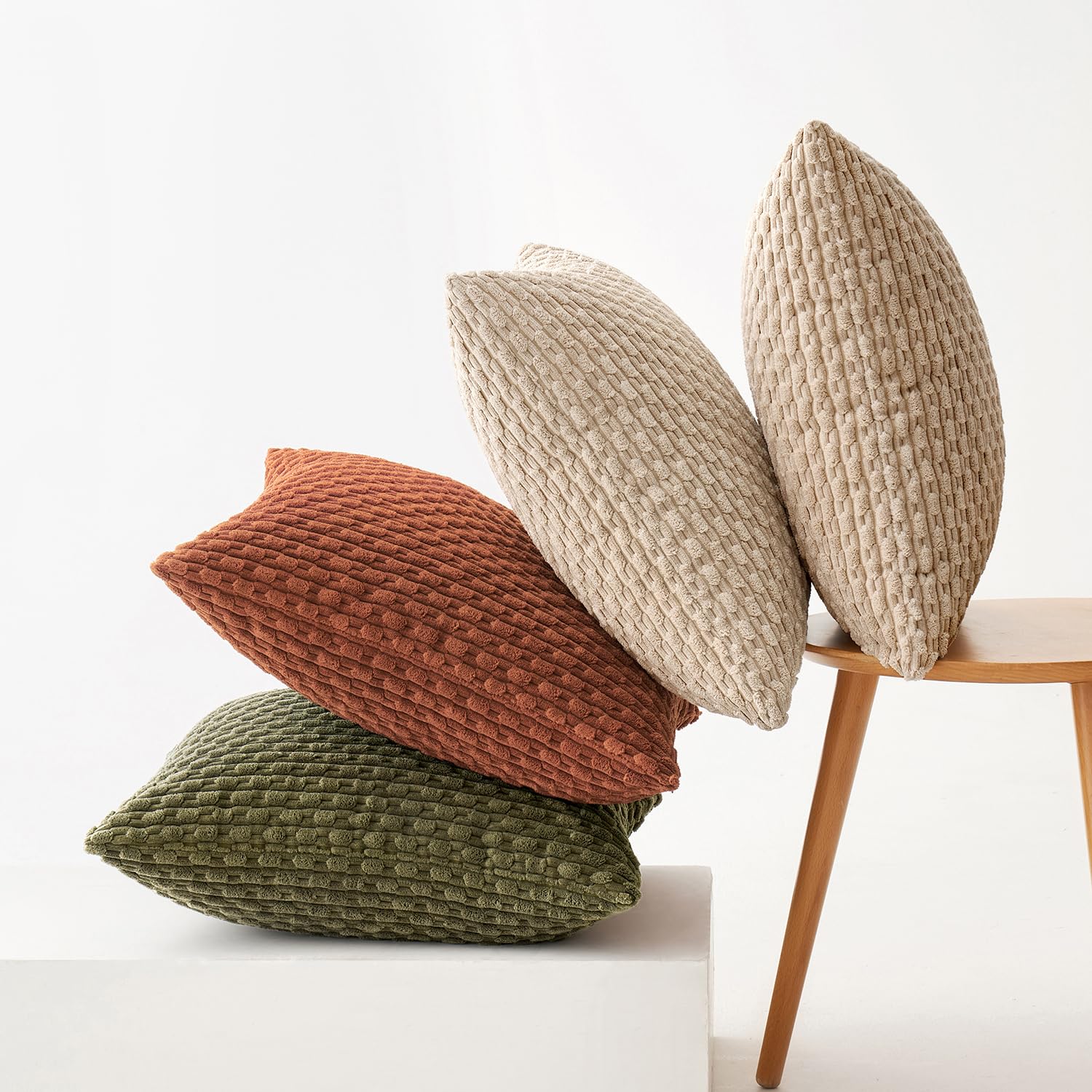 MIULEE Pack of 4 Rust-Olive Green Throw Pillow Covers 18x18 Inch Soft Corduroy Decorative Boho Striped Pillow Covers Pillowcases Modern Farmhouse Home Decor for Couch Bed Sofa Living Room
