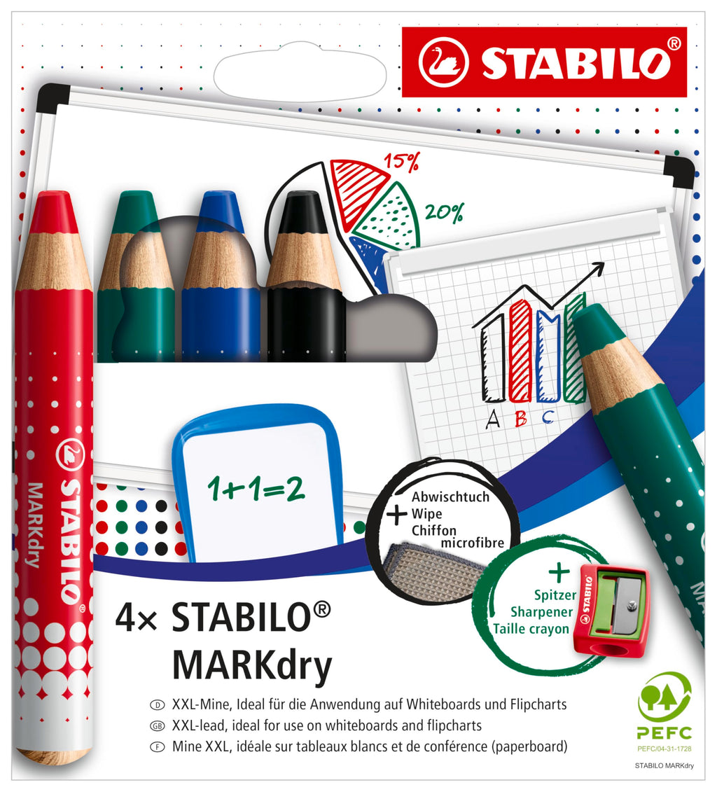 STABILO MARKdry Whiteboard and Flip Chart Marker Pack of 4 with Sharpener and Wiping Cloth in Four Different Colours