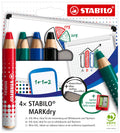 STABILO MARKdry Whiteboard and Flip Chart Marker Pack of 4 with Sharpener and Wiping Cloth in Four Different Colours