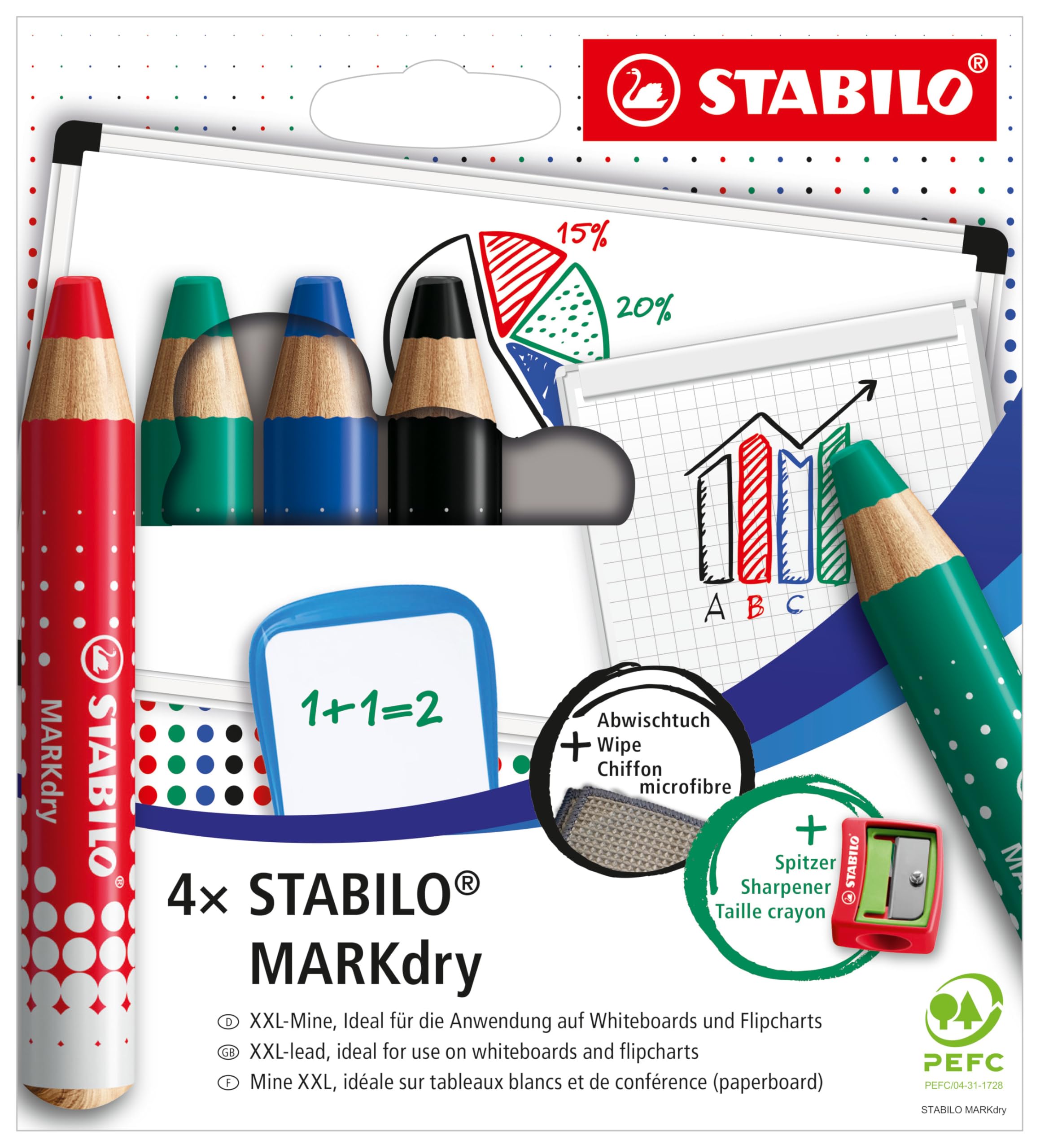 STABILO MARKdry Whiteboard and Flip Chart Marker Pack of 4 with Sharpener and Wiping Cloth in Four Different Colours