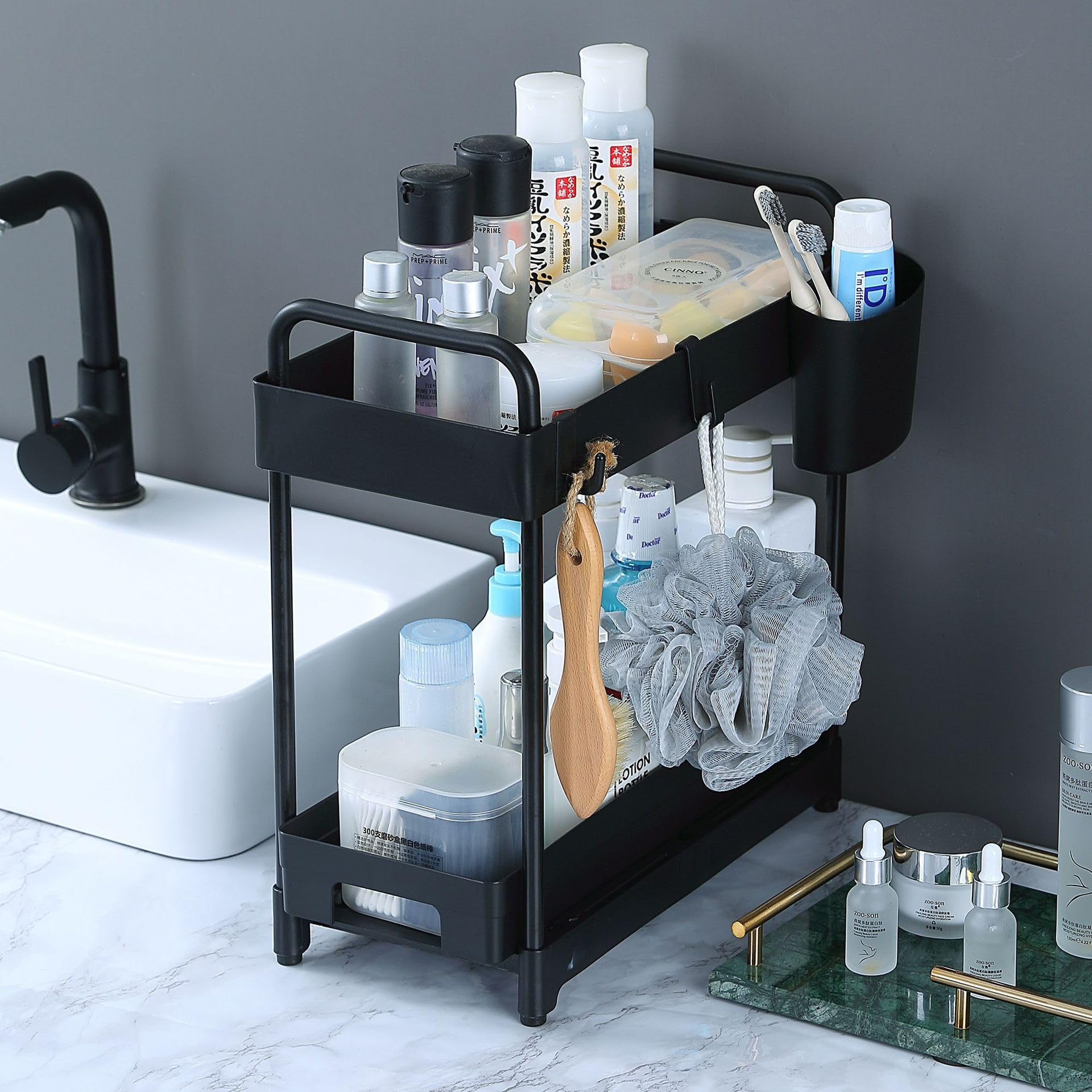 2 Pack Under Sink Organizer for Efficiently Utilizing Space, 2 Tier Bathroom Cabinet Organizers and Storage, Multi-purpose Kitchen Organizer and Storage with Hooks and Cups(Black)