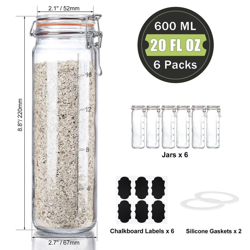 Huichuiero 20 oz(600 ML) Airtight Glass Jars with Lids, Wide Mouth Juicing Bottles with Hinged Lids and Leak Proof Rubber Gasket, Drinking Bottles Perfect for Vanilla Extract, 6 Pack