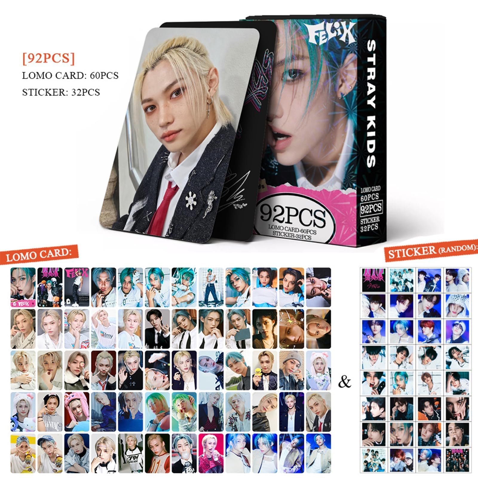 KPOPBP Stray Kids Photocards 60 PCS SKZ Rock Star Album Photo Cards with 32 PCS Stickers KPOP Gift Lomo Cards Merch for SKZ Boys and Girls (Felix)