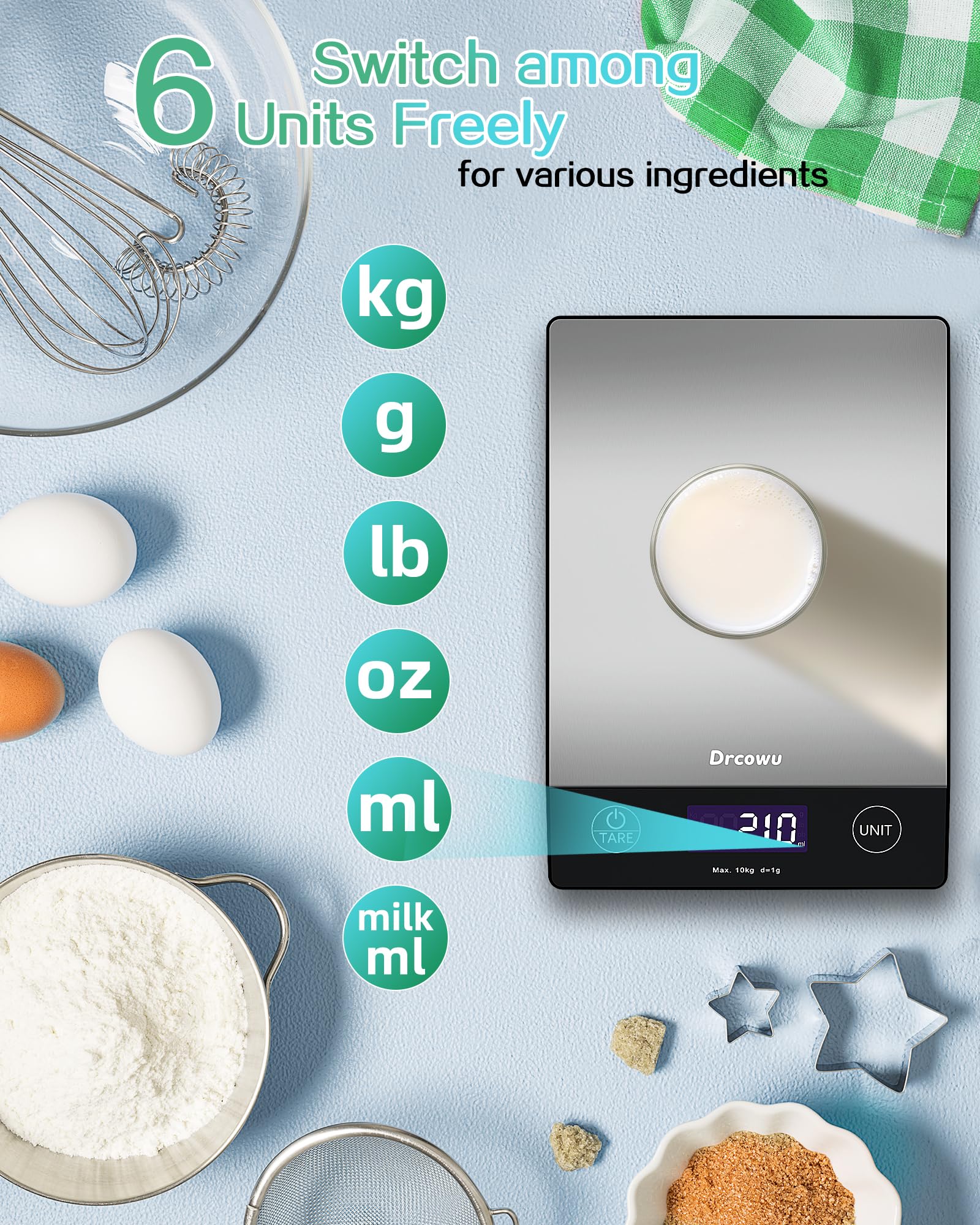 Drcowu Large Display Food Kitchen Scale, 10kg Digital Scales for Baking, Cooking, Keto and Meal Prep, Balance Alimentaire, Food Weight Scale with 1g Accuracy and LCD Backlit, Easy to Read, Gram and Oz