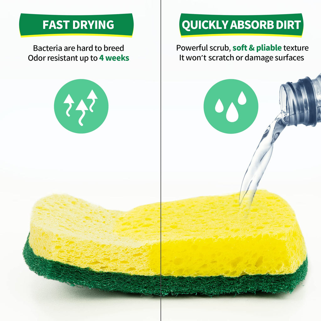 HOMERHYME Heavy Duty Cellulose Scrub Sponges 24 Pack, Kitchen Sponge with Double-Side & Ergonomic Design. Durable Sponge for Dishes, Uncoated Cookware, Sink, and Countertops.