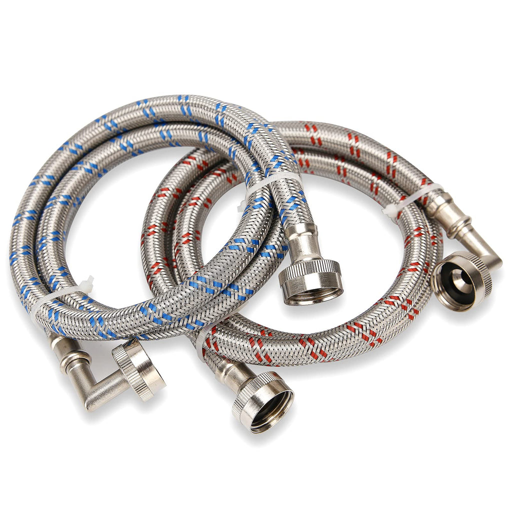 Watflow Stainless Steel Washing Machine Hoses with 90 Degree Elbow, Burst Proof Hot and Cold Water Connection Inlet Supply Lines for Washer, 4Ft
