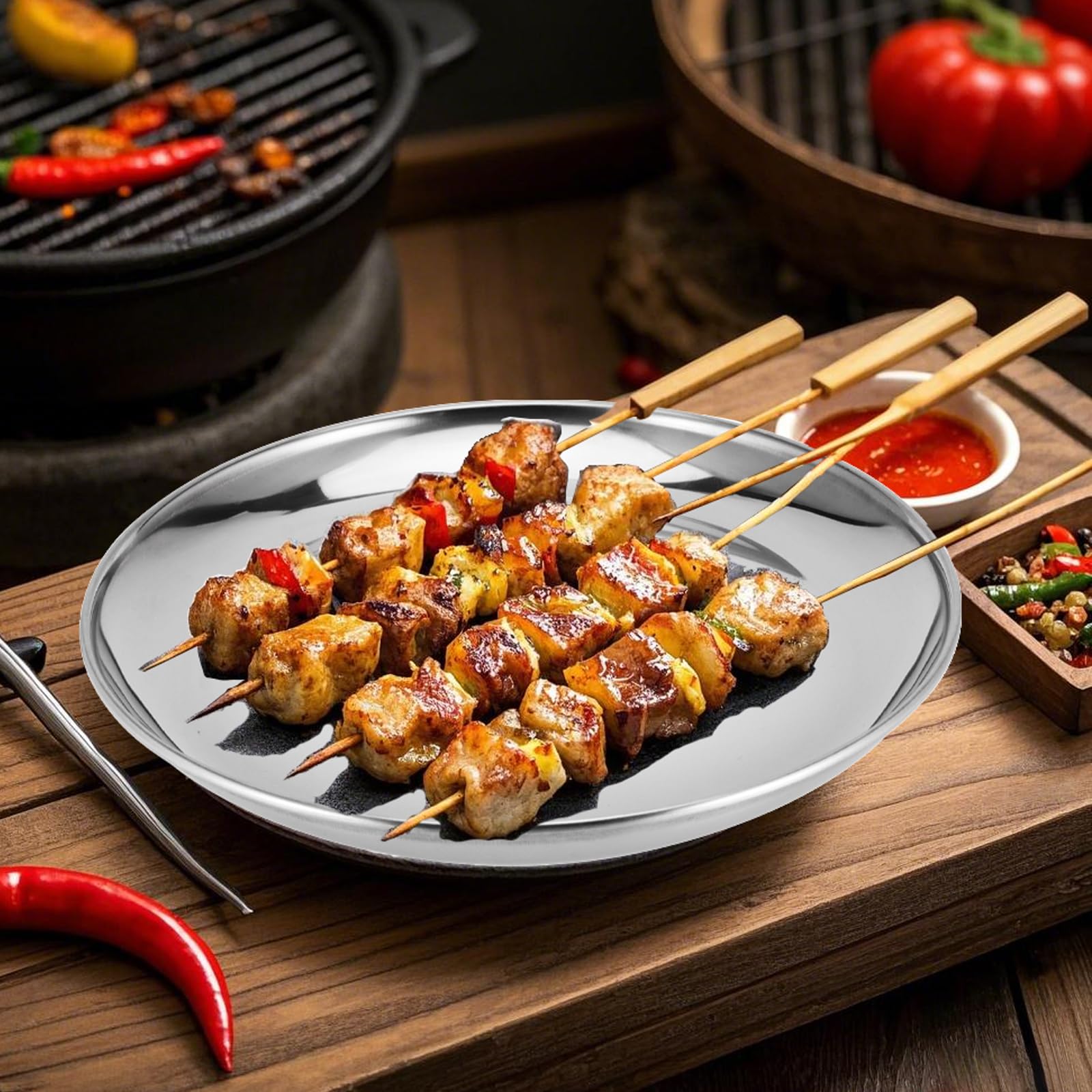JOIKIT 4 Pack 10 Inch Silver Stainless Steel Plate, Round Metal Dinner Plates, Kitchenware Dinner Dishes Serving Tray Large Camping Plates for BBQ, Snack, Food Serving, Dishwasher Safe