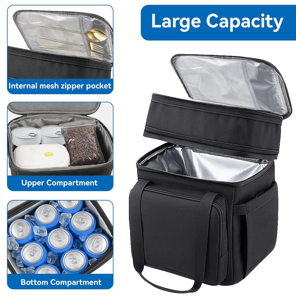 LRCXL Expandable Lunch Bag for Men, Double Deck Large Insulated Lunch Box with Shoulder Strap, Leakproof Durable Cooler Bag for Work Outdoor Construction Picnic