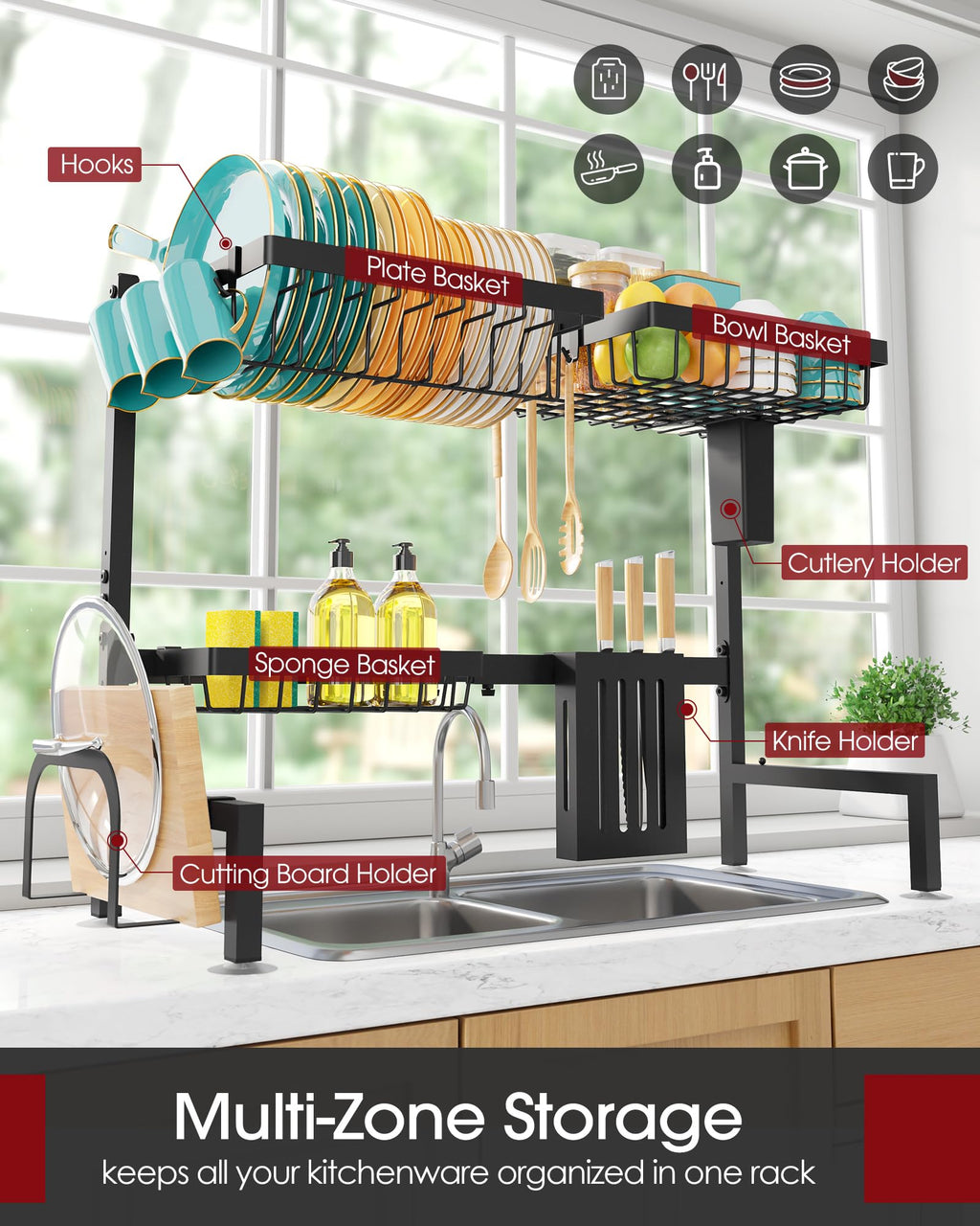 Sakugi Dish Drying Rack Over The Sink – Large Capacity Stainless Steel Dish Drainer, Multifunctional Kitchen Organizer, Black, 28 × 76–86 × 54 cm (D × W × H)