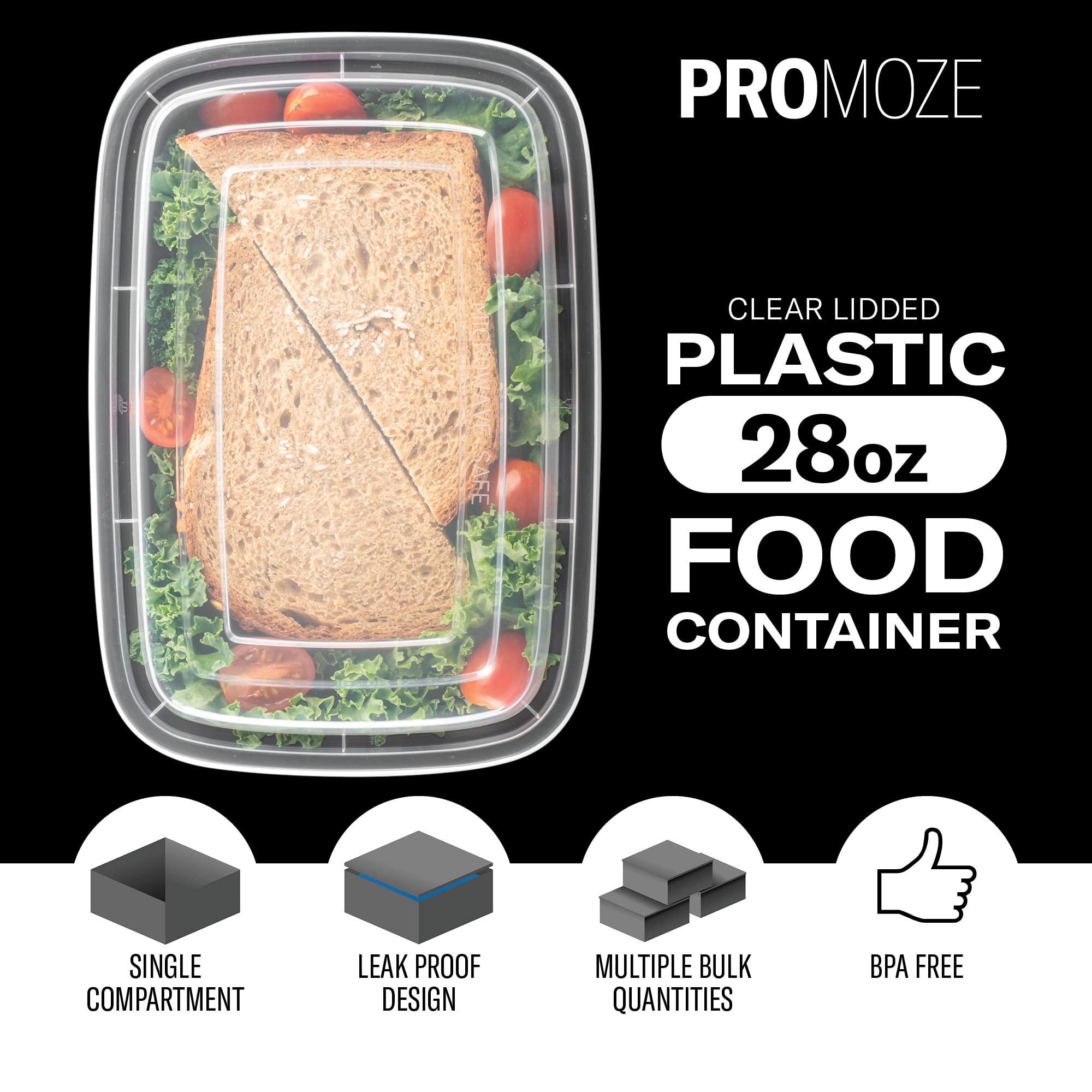 50-Pack Meal Prep Plastic Microwavable Food Containers for Meal Prepping with Lids 28 oz. 1 Compartment Black Rectangular Reusable Storage Lunch Boxes -BPA-Free Food Grade -Freezer & Dishwasher Safe