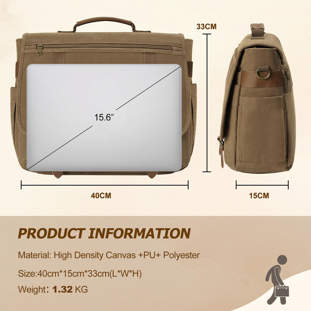 NUBILY Messenger Bag Men 15.6 Inch Laptop Bag Vintage Canvas Briefcase Retro Work Computer Bag Large Shoulder Bag Water Resistant Cross-Body Satchel Bag For Business Office College Travel，Brown