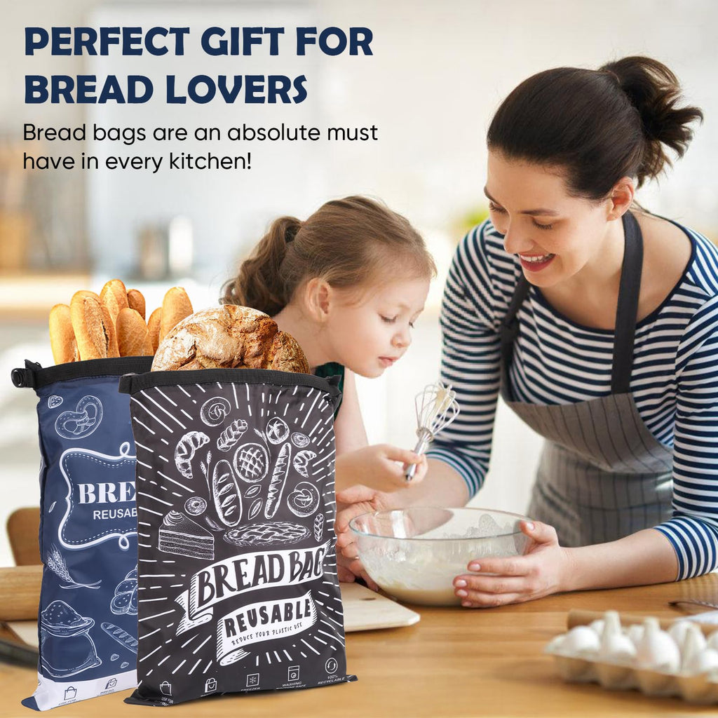 Bread Bags, 2 Packs Bread Bags for Homemade Bread, Reusable Sourdough Storage Bag With Zipper, Large Freezer Container to Keep Bread Fresh (Black, L)
