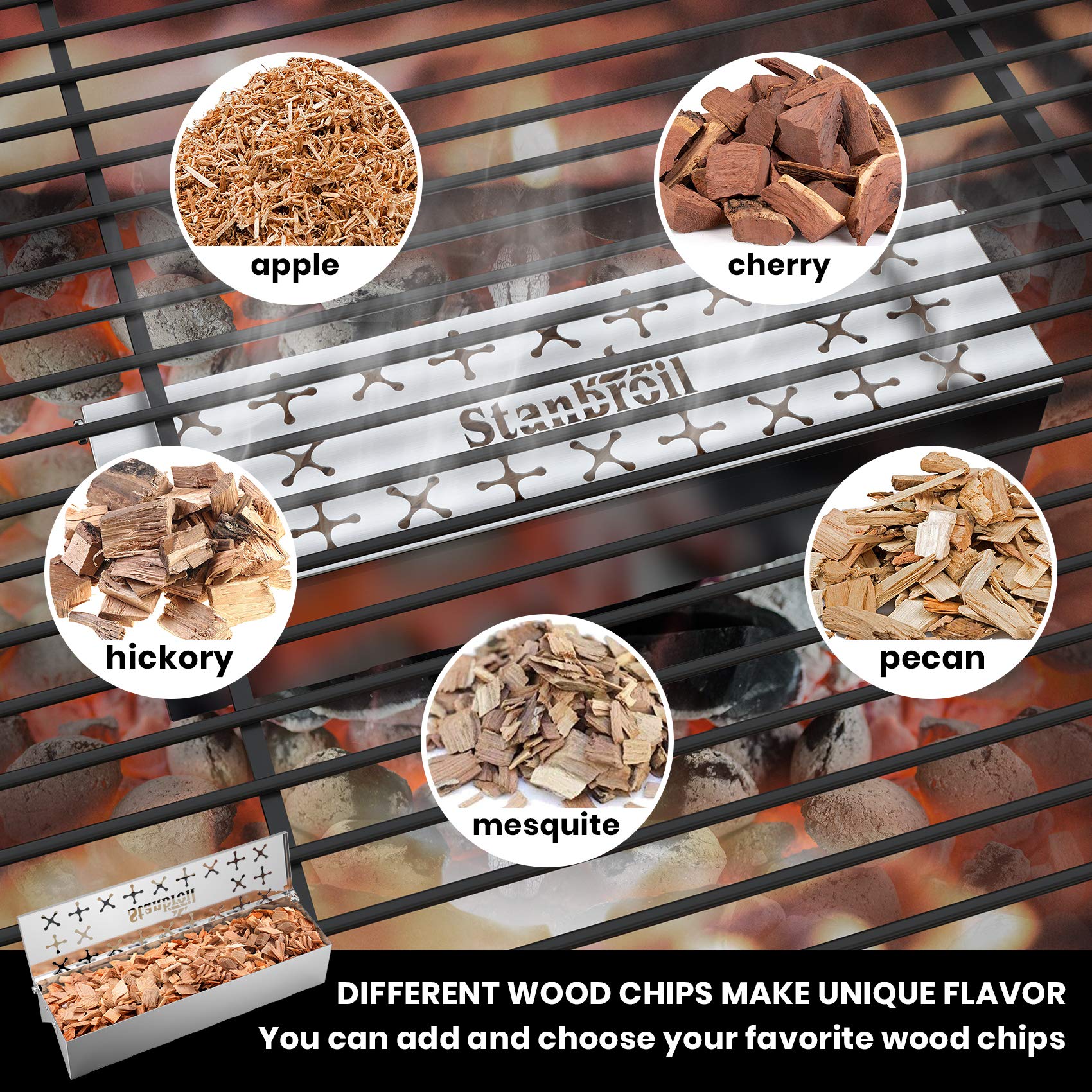 Stanbroil Stainless Steel Smoker Box, Wood Chip Smoker Box with Unique W-Shape Design on Bottom for Gas and Charcoal Grill