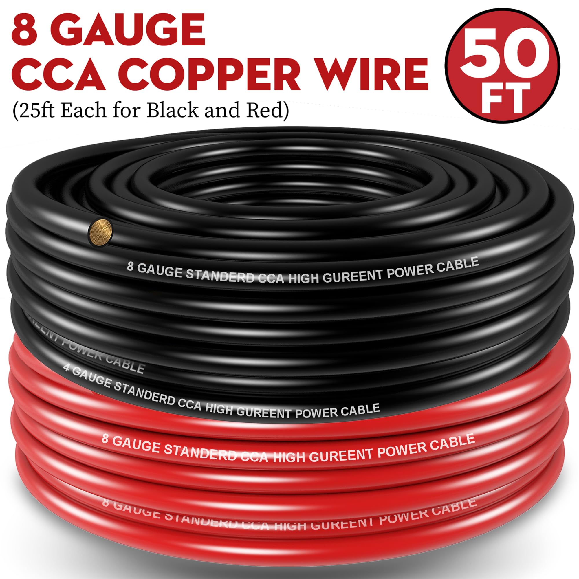 Taigoehua 50FT 8 Gauge Wire (25ft Each-Black/Red) Copper Clad Aluminum CAA- with 8ga lugs,60A Fuse Holder and Heat Shrink Tube, Car Amplifier Power & Ground Cable