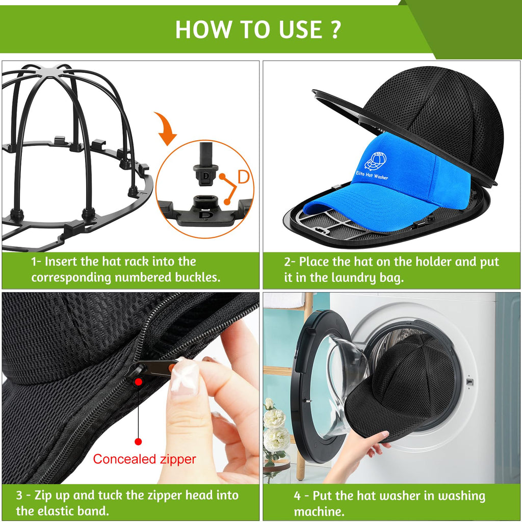 Eiito Hat Washer Cage,Hat Washing Machine with Frame Cage and Hats Washers Bag,Hats Washer for Baseball Caps,Suitable for Adult and Kid'S 2-Pack Black