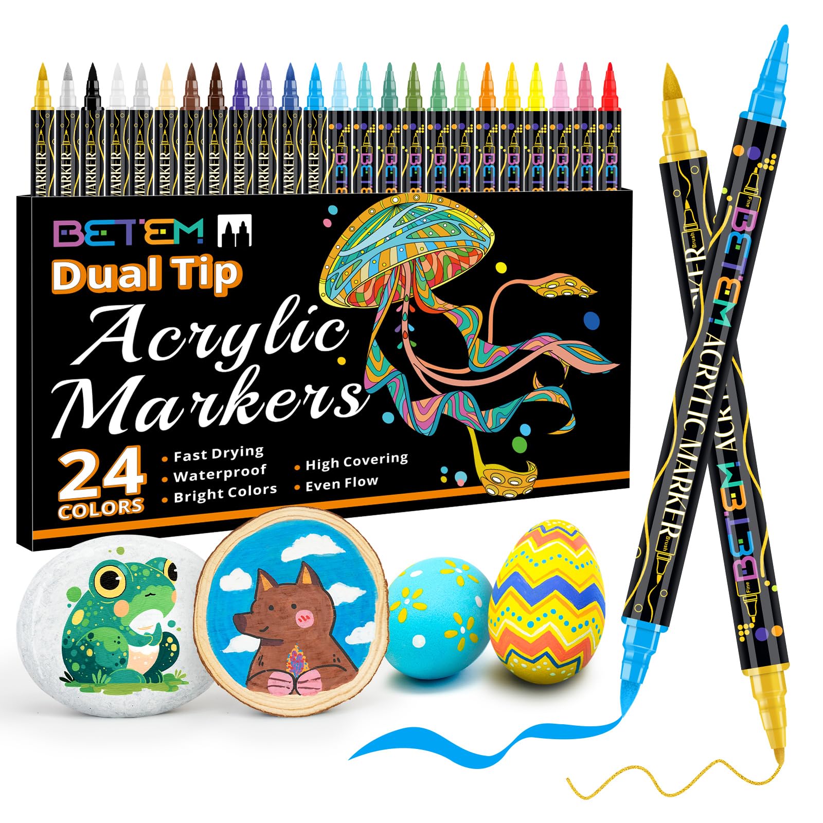 Betem Acrylic Paint Markers, Dual Tip 24 Colors Acrylic Paint Pens with Brush Tip and Fine Point, Art Supplies for Rock, Wood, Canvas, Stone, Glass, Ceramic, Rock Painting Gift