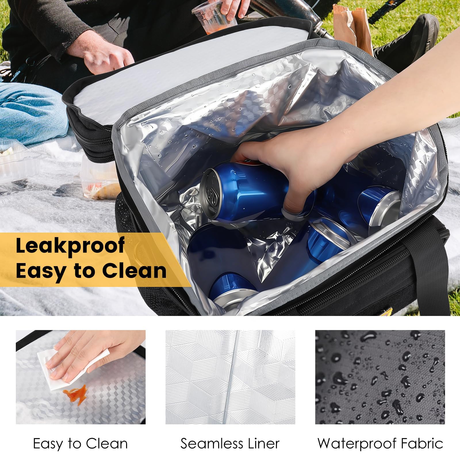 Large Expandable Tactical Lunch Bag for Men, Durable Insulated Leakproof Lunch Box, Heavy Duty Cooler Bag for Work Outdoor Picnic Travel Office Adults, Black, 15L