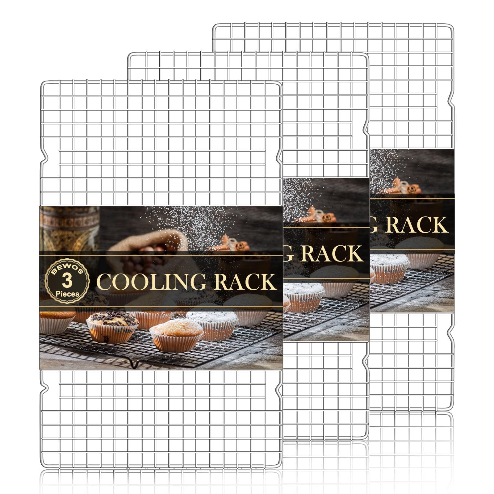 BEWOS Cooling Racks for Cooking and Baking - 3 Pieces Stainless Steel Baking Racks, 15.8'' x 10'', Wire Rack for Grilling and Roasting, Oven & Dishwasher Safe, Silver