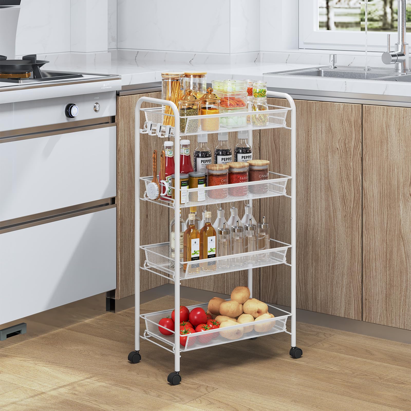 TOOLF 4-Tier Rolling Cart, Metal Utility Cart with 3 Hooks, Easy Assemble Mobile Storage Trolley On Wheels, Slide Out Shelving Units Kitchen Bathroom Laundry Room