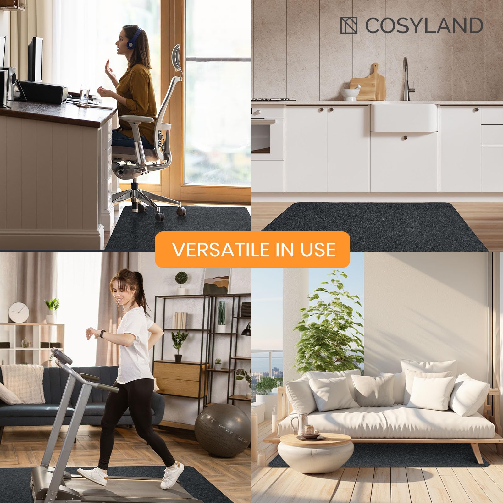 COSYLAND Office Chair Mat for Hardwood Floor and Tile - 90 x 120 CM Anti-Slip Desk Chair Mat - Multi-Purpose Hardwood Floor Protector Mat for Office - Home (Gray, 90 x 120 CM)
