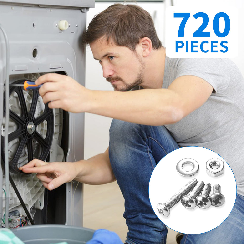 Besitu 720Pcs Machine Screw Assortment Kit, 10-24#8-32#6-32#4-40 Phillips Pan Head Assorted Nuts Bolts and Flat Washers Kit, Stainless Steel Screws Hardware Assortment with Case